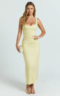 Benita Midi Dress - Scoop Neck Ruched Fitted Dress in Lemon