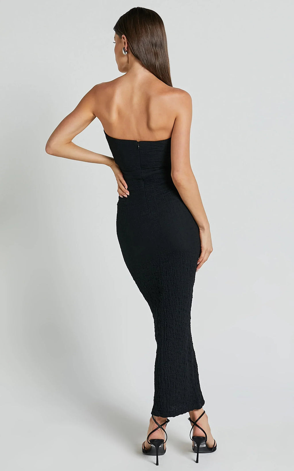 Alberta Midi Dress - Strapless bust detail textured dress in Black
