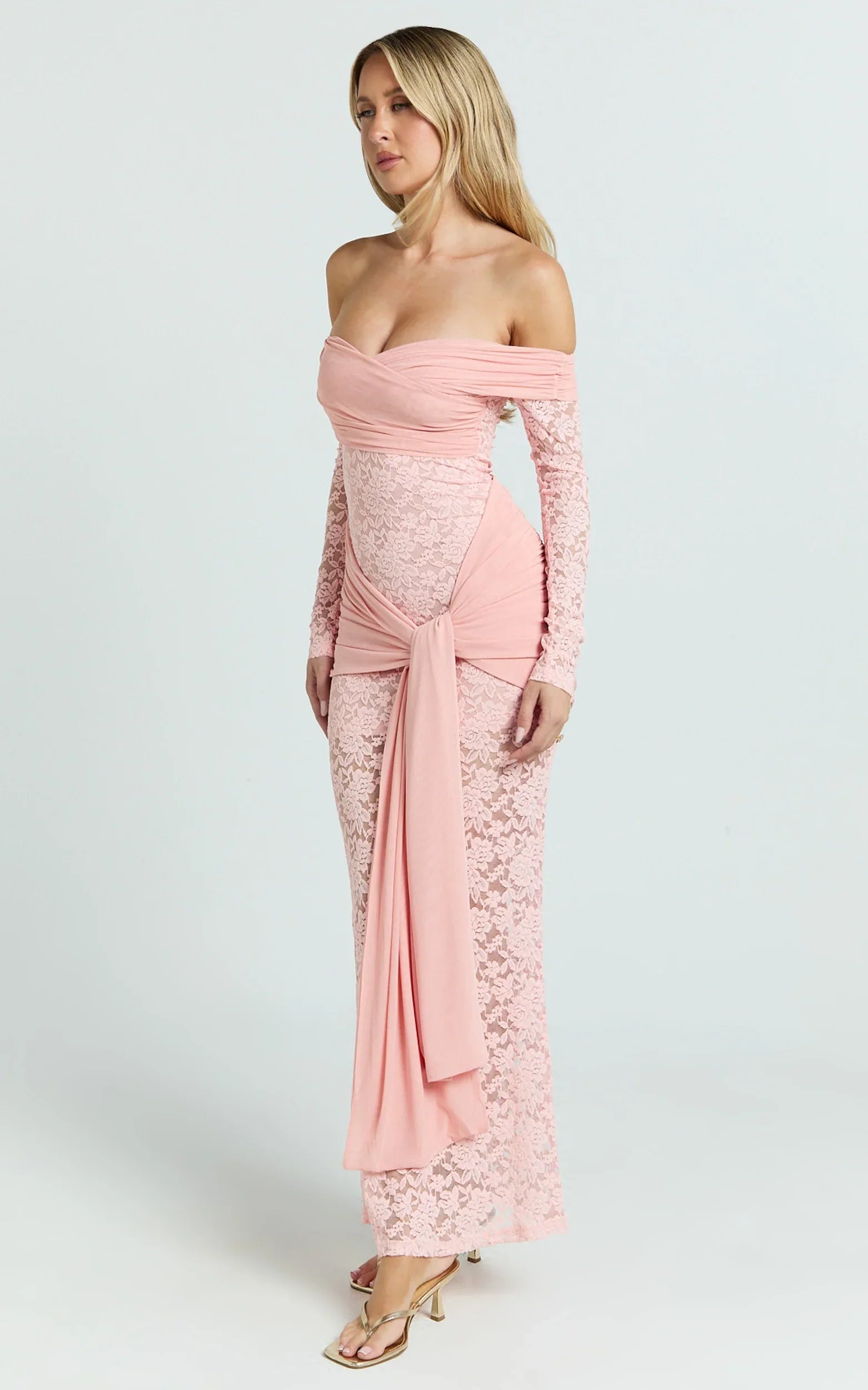 Sandra Midi Dress - Off The Shoulder Sash Bodycon Dress in Pink