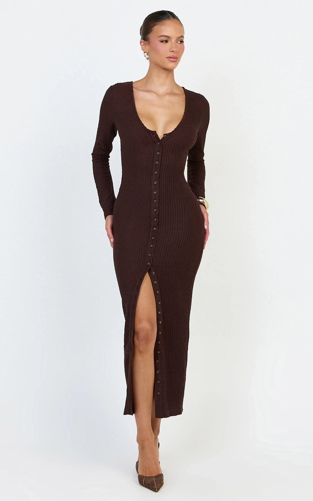 Zayla Midi Dress - Long Sleeve Button Front Bodycon Dress in Chocolate
