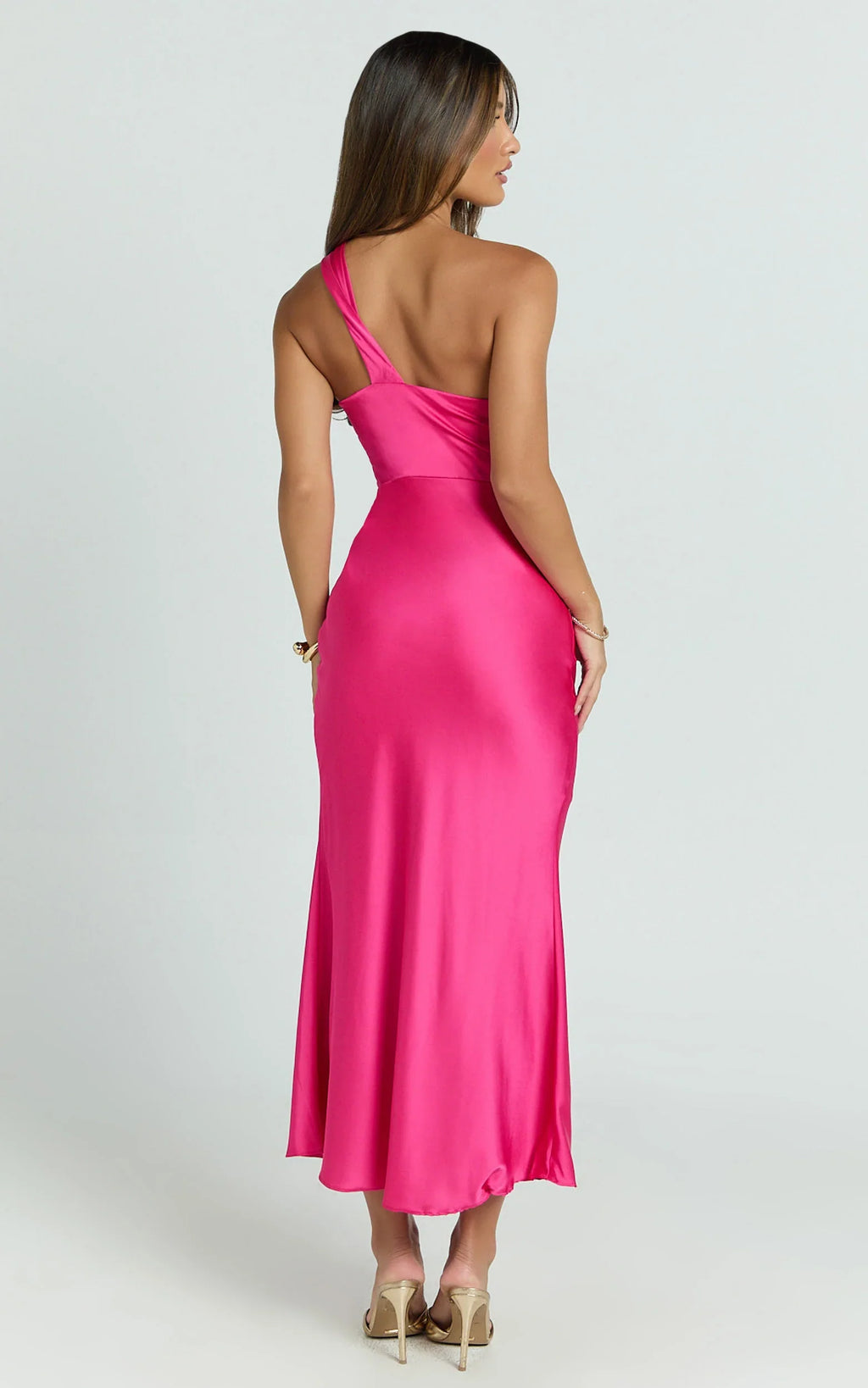 Carmella Midi Dress - One Shoulder Twist Detail Dress in Fuchsia
