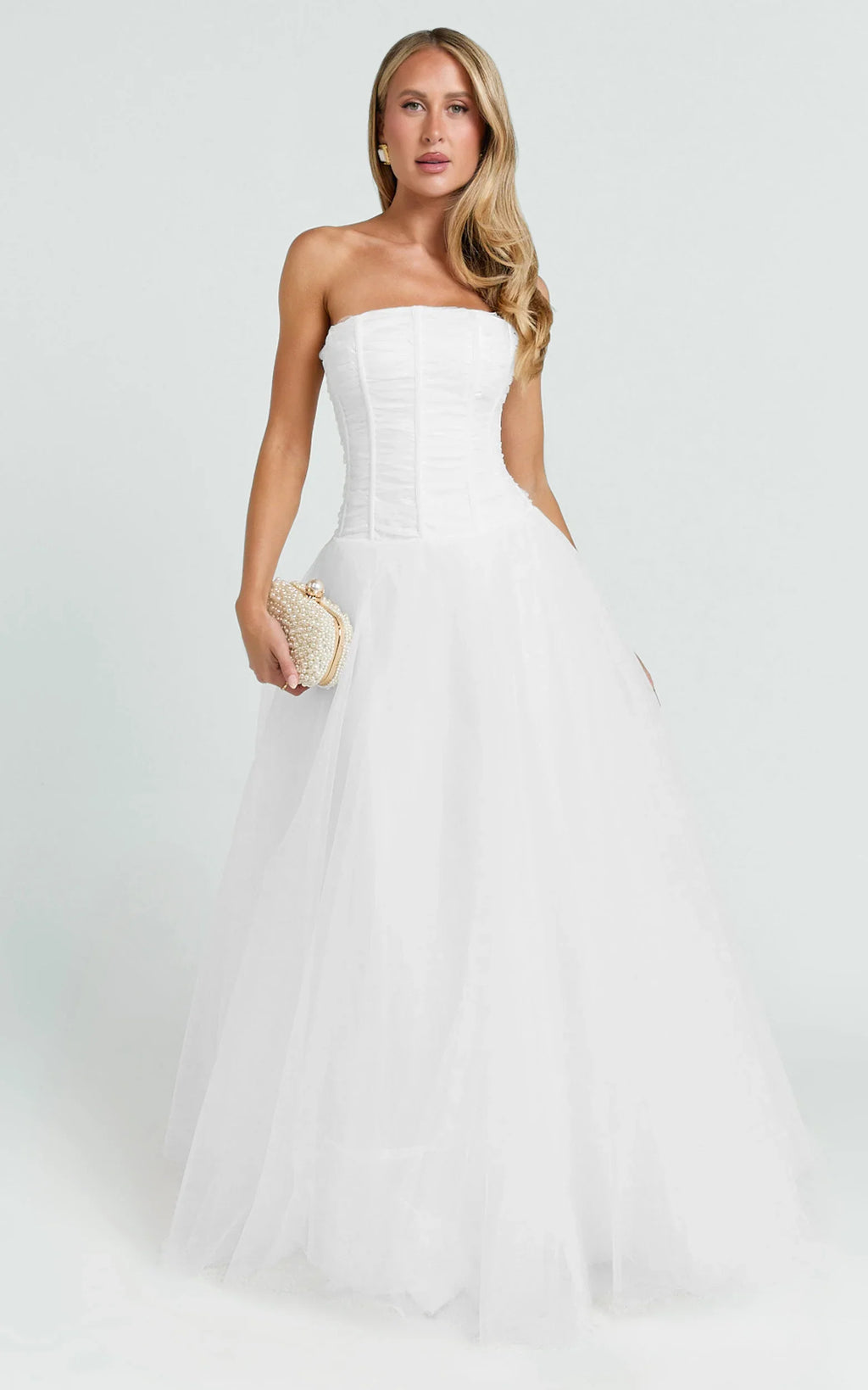 Selene Maxi Dress - Strapless Corset Gathered Skirt Dress in White