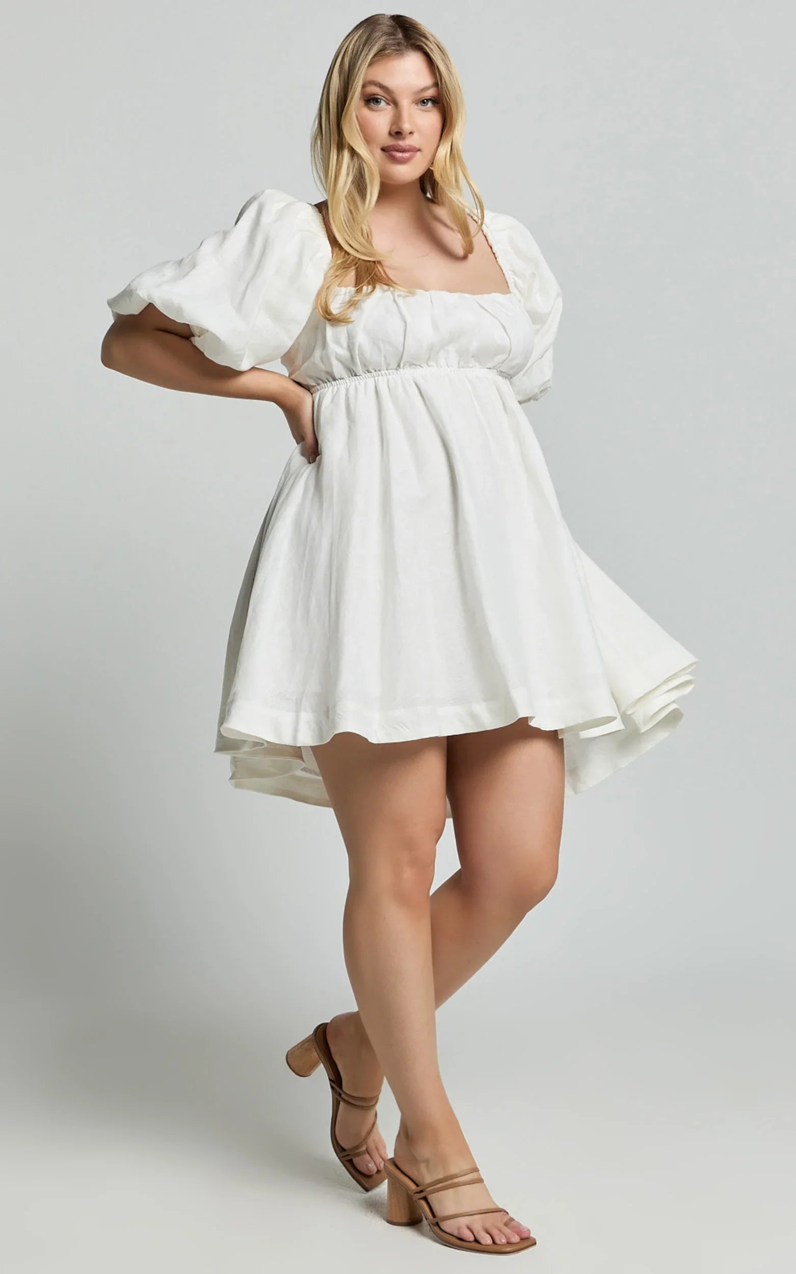 Amalie The Label - Hamyya Linen Tie Back Puff Sleeve Mini Linen Dress - In White