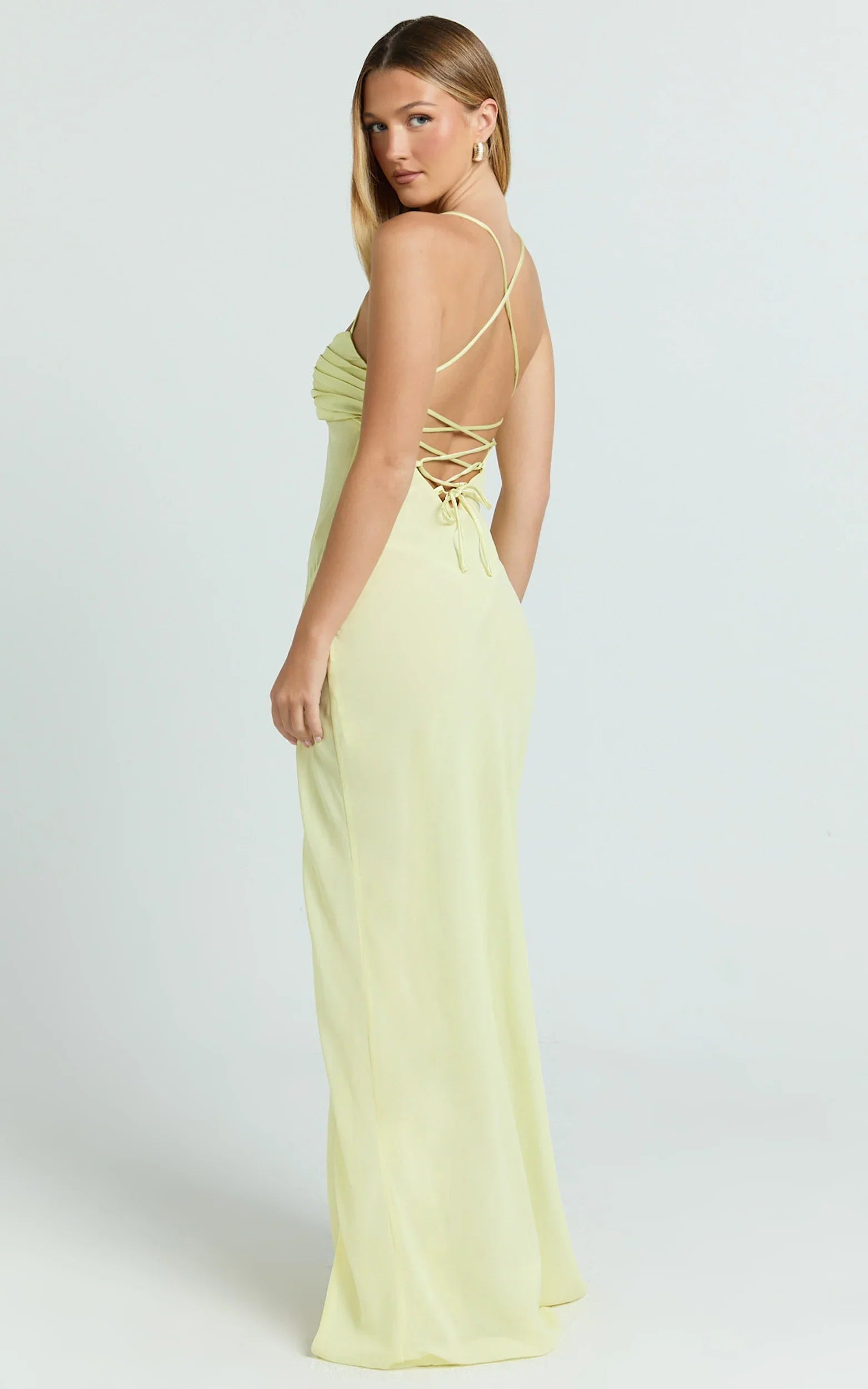 Sonya Maxi Dress - Cowl Neck Asymmetric Fit And Flare Dress in Lemon