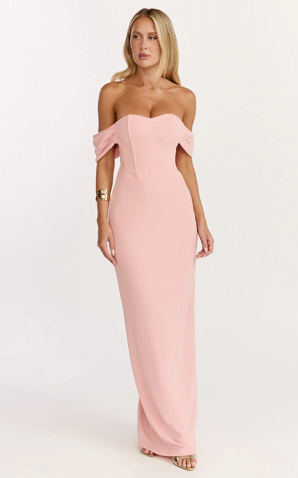 Karina Maxi Dress - Off Shoulder Corset Bodice Lace Up Back Dress in Pink