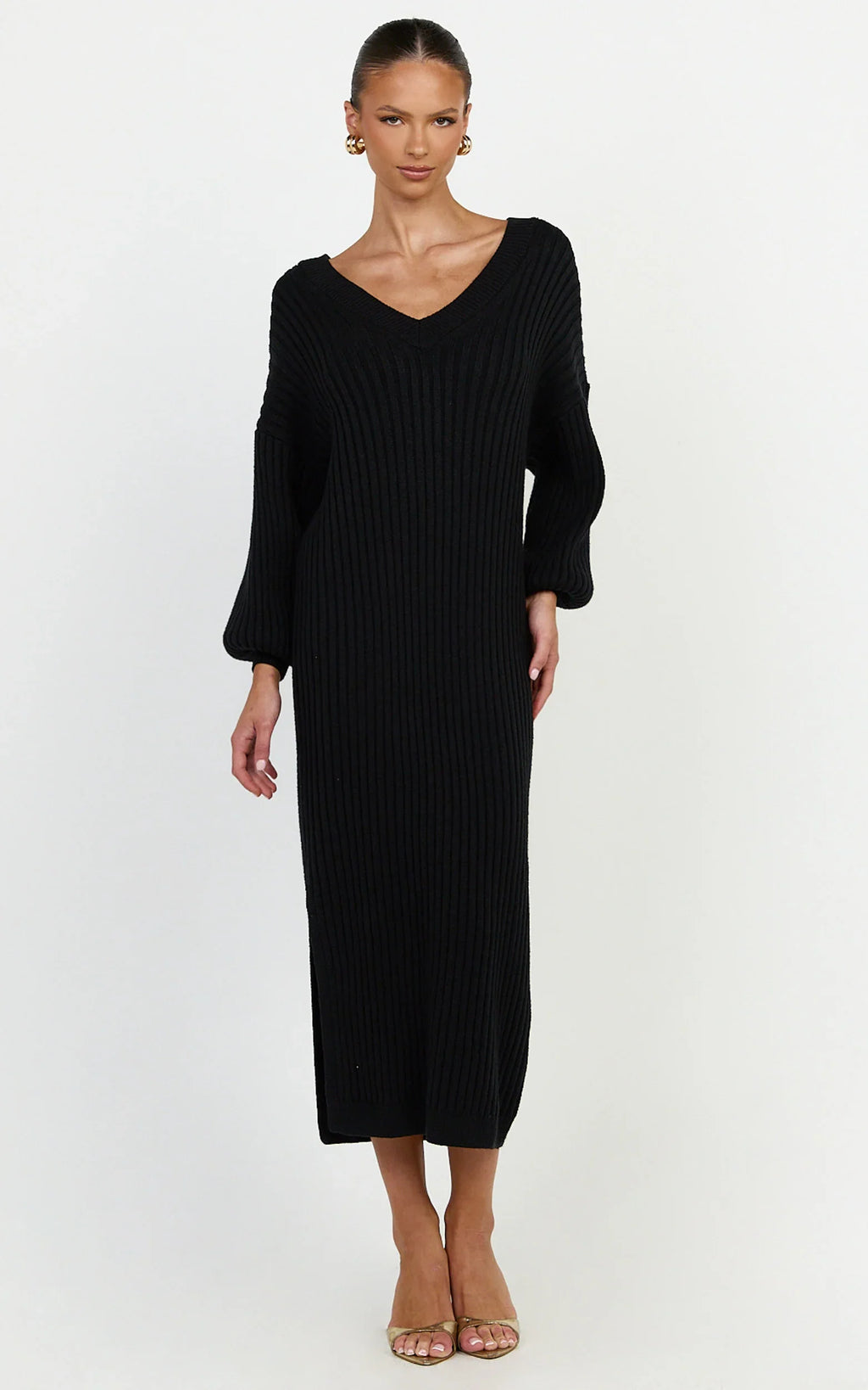 Kartia Midi Dress - V Neck Knit Dress in Black
