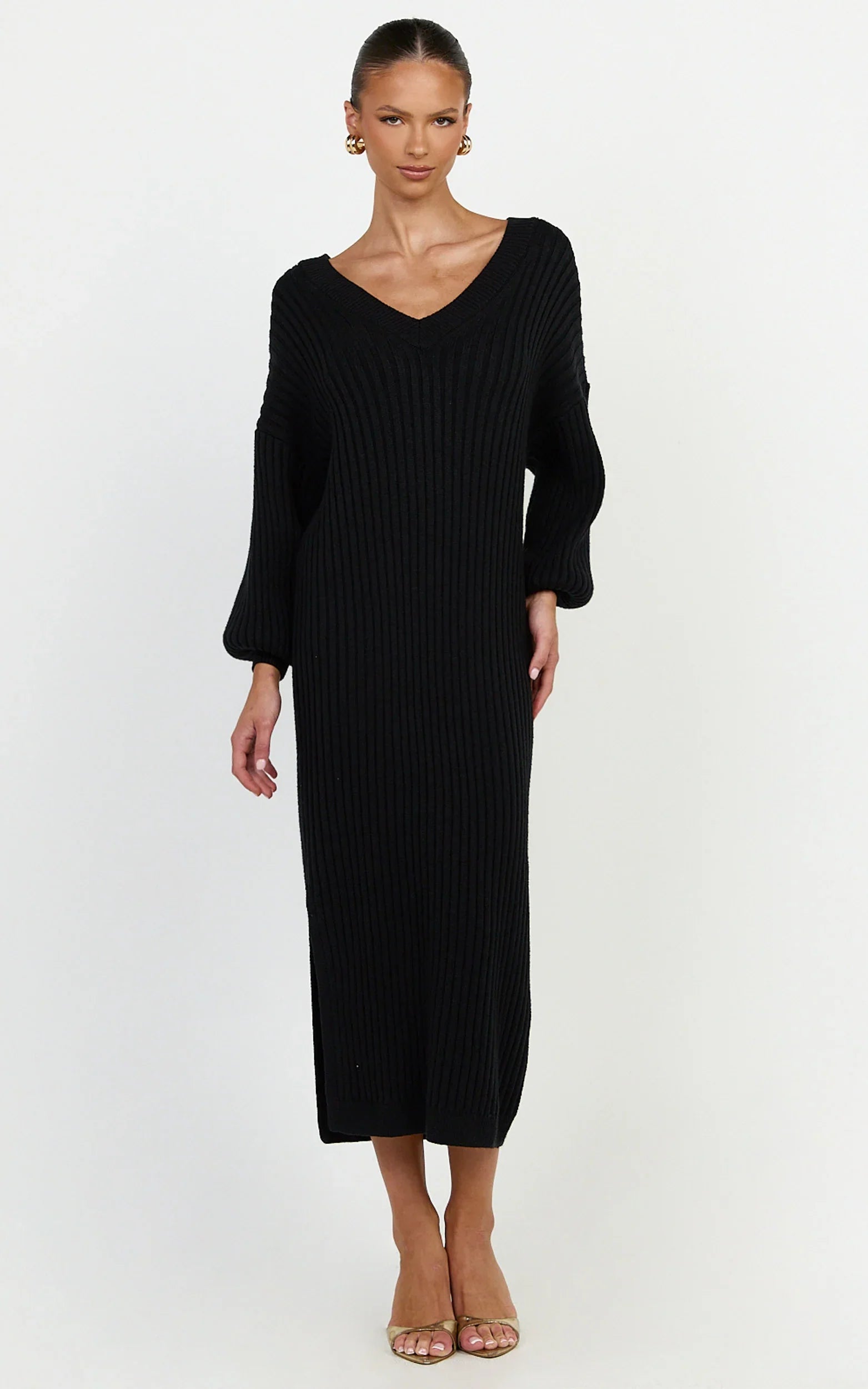 Kartia Midi Dress - V Neck Knit Dress in Black