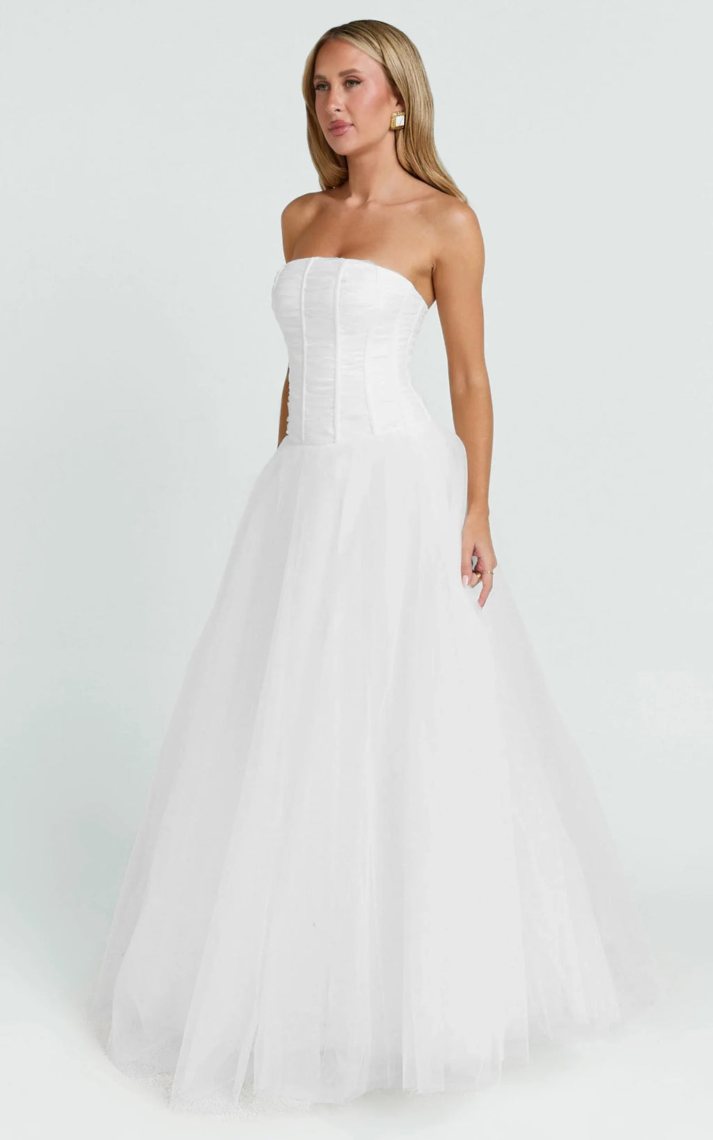 Selene Maxi Dress - Strapless Corset Gathered Skirt Dress in White