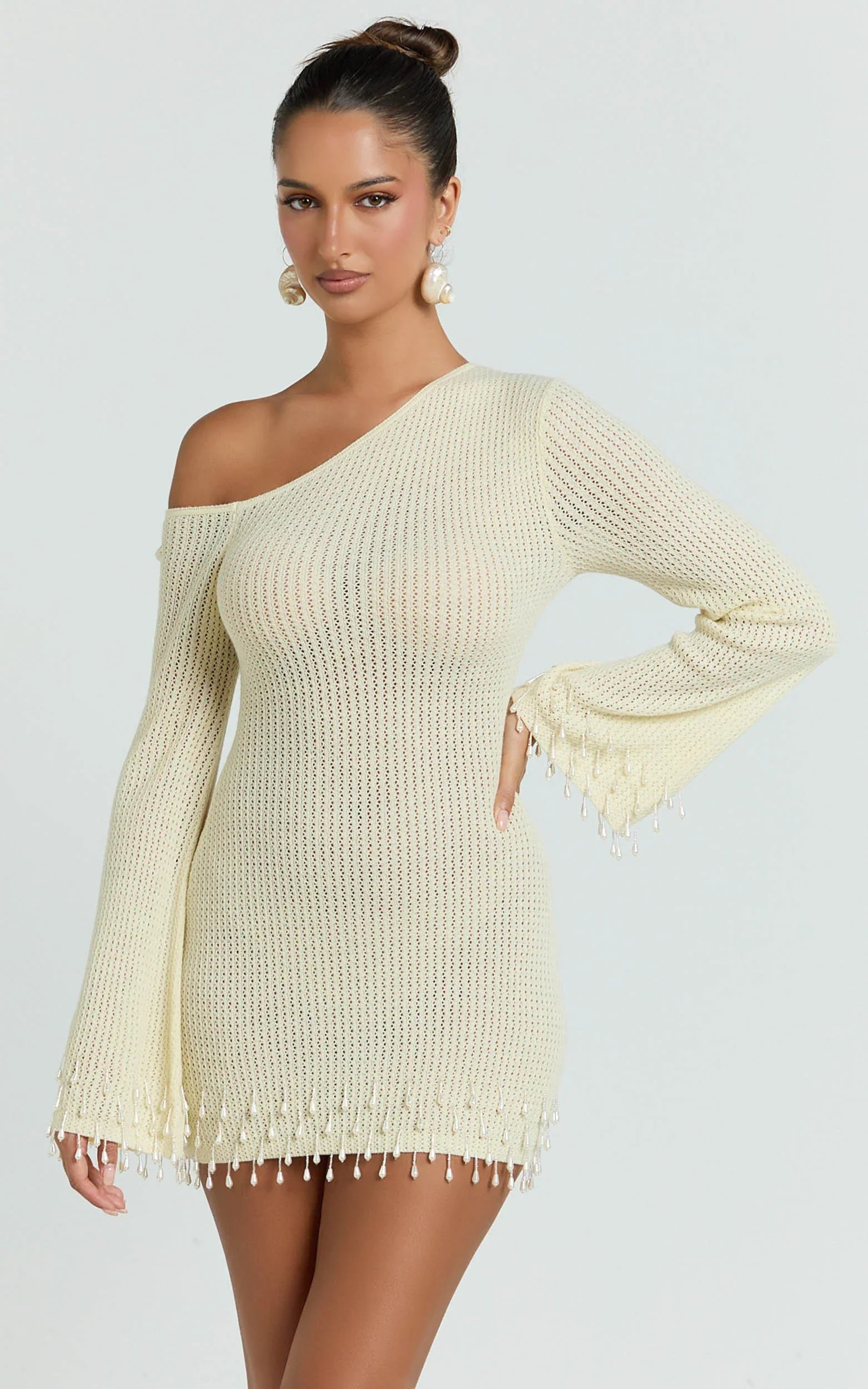 Izira Mini Dress - Knit One Shoulder Long Sleeve Pearl Bead Dress in Ivory
