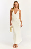Elodie Maxi Dress - Halter 3D Floral Knit Dress in Cream