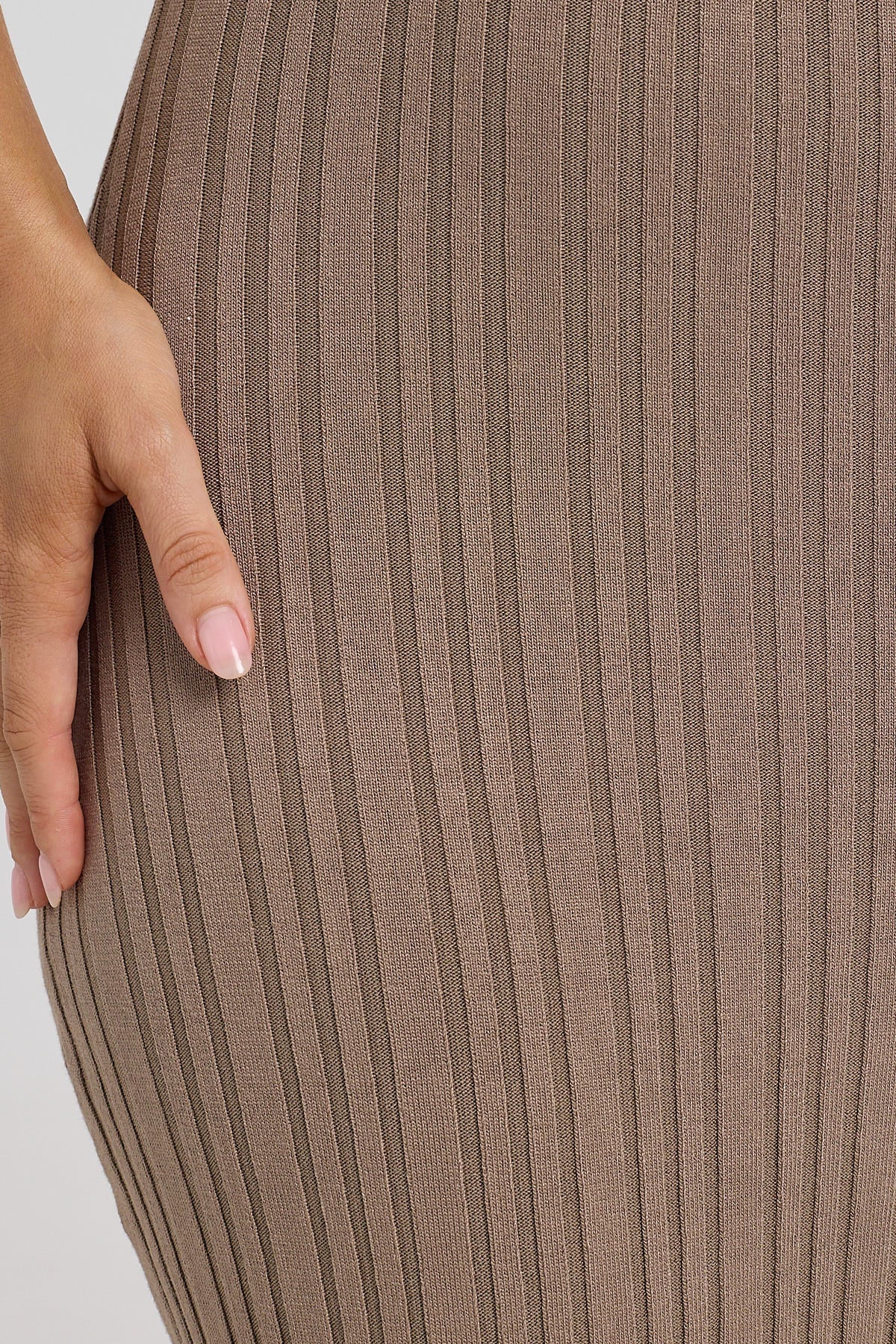 Luck & Trouble Rib High Neck Open Back Knit Midi Dress Tan