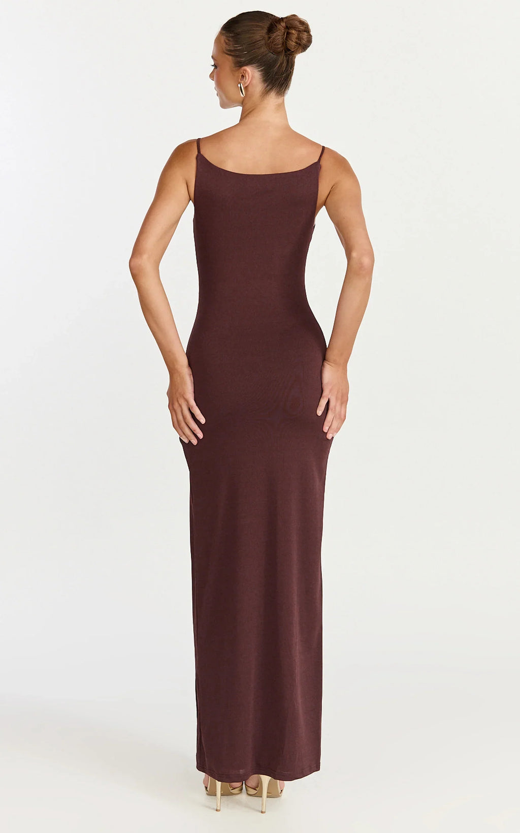 Audette Maxi Dress - Boat Neck Ruched Fitted Dress in Chocolate