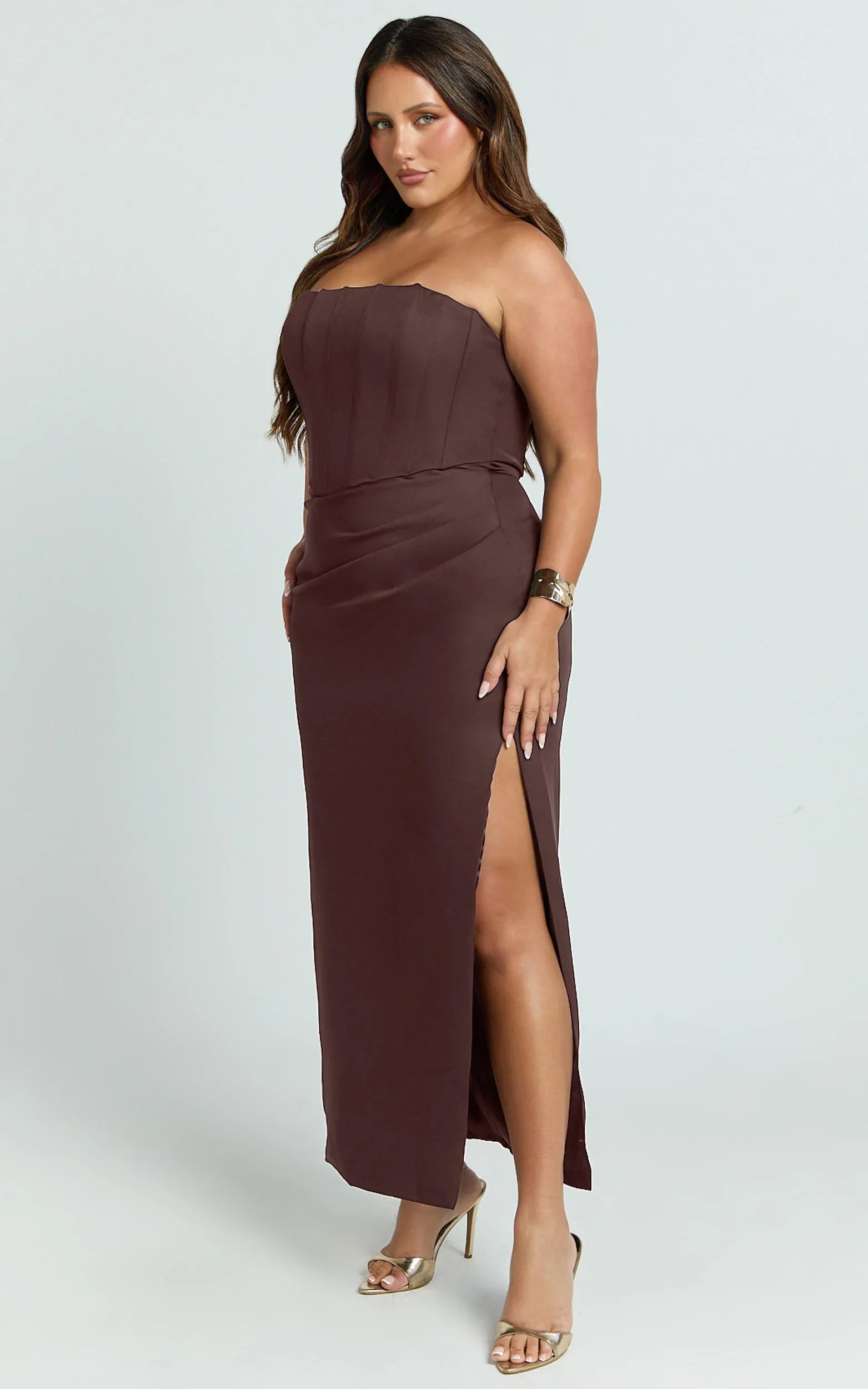 Avery Midi Dress - Strapless Draped Side Split Dress in Chocolate
