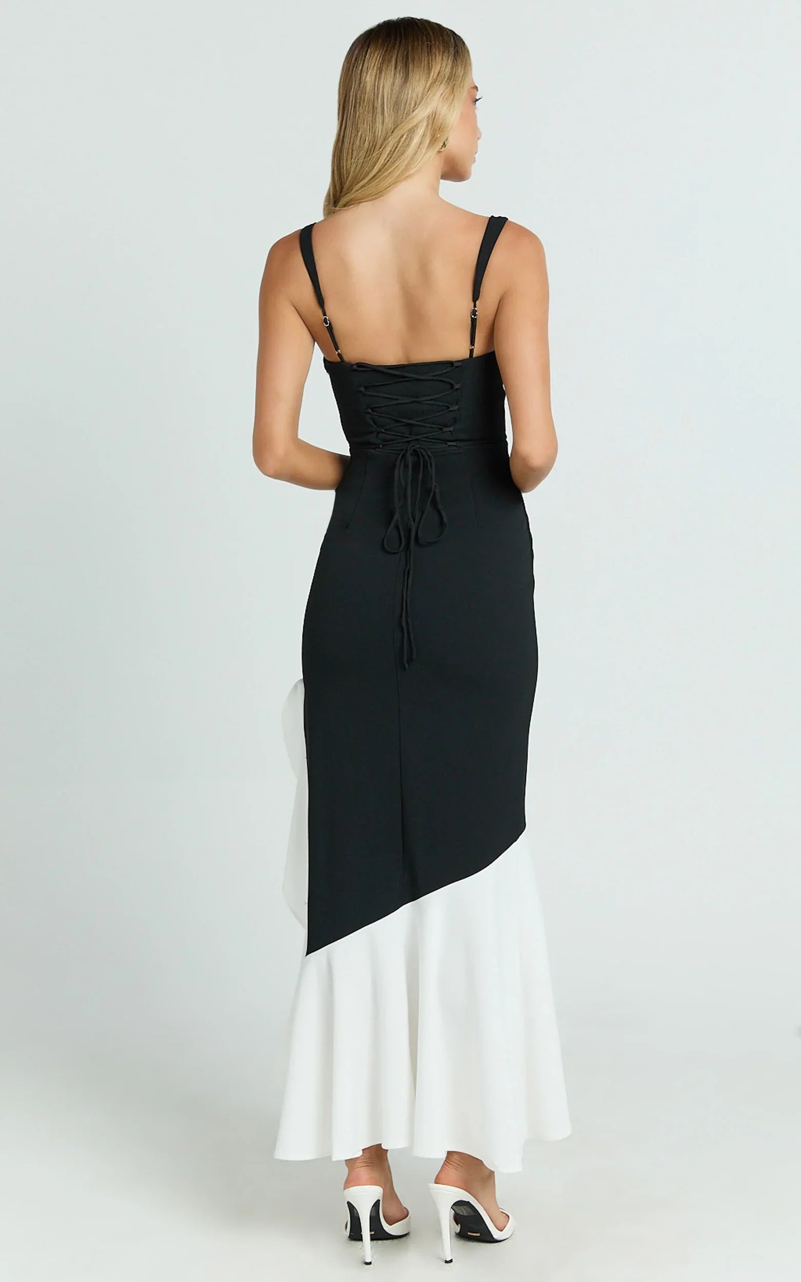 Cera Maxi Dress - Asymmetrical Contrast Frill Hem Dress in Black & White