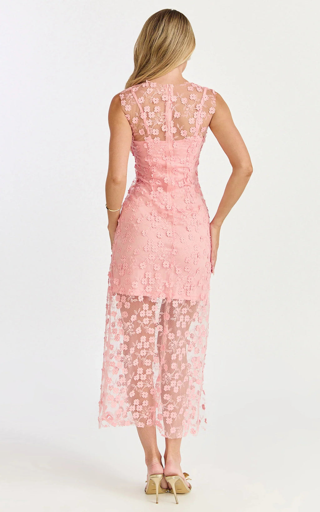 Hazel Midi Dress - 3D Flower Net Bodycon Dress in Pink