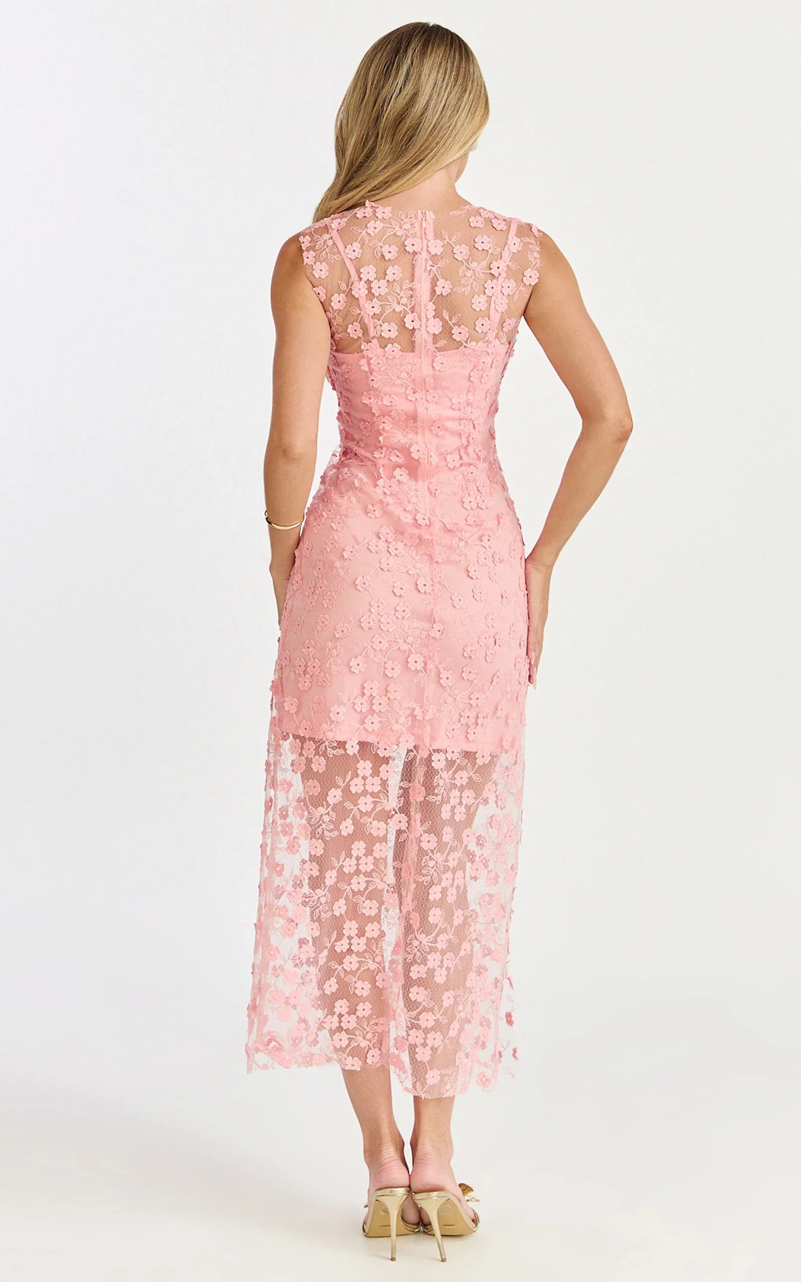 Hazel Midi Dress - 3D Flower Net Bodycon Dress in Pink
