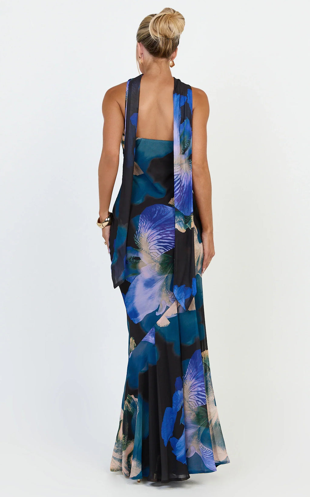Solara Maxi Dress - Strapless Bias Column Dress with Scarf in Midnight Resort Orchid Print