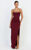Zinnia Maxi Dress - Gathered Bust Side Split Dress in Wine