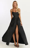 Louisa Maxi Dress - Boned Bodice Lace Up Back Dress in Black