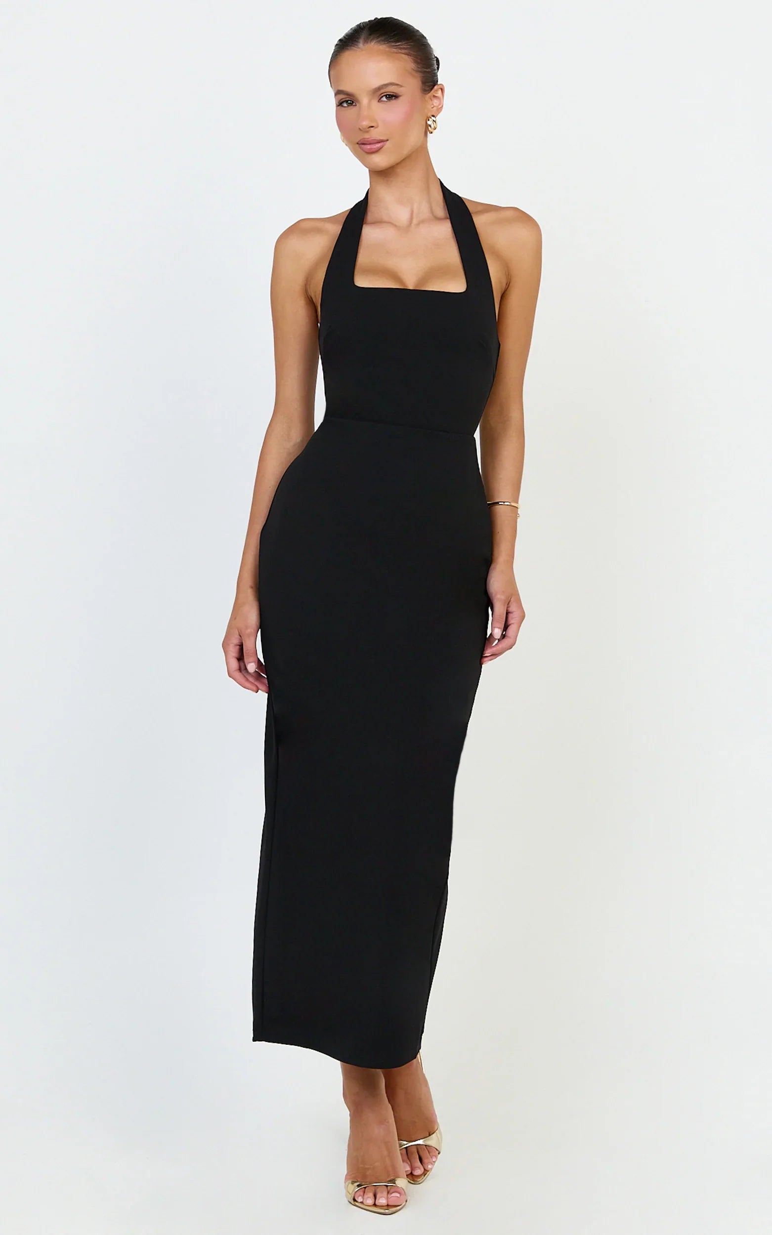 Holly Midi Dress - Halter Neck Column Dress in Black
