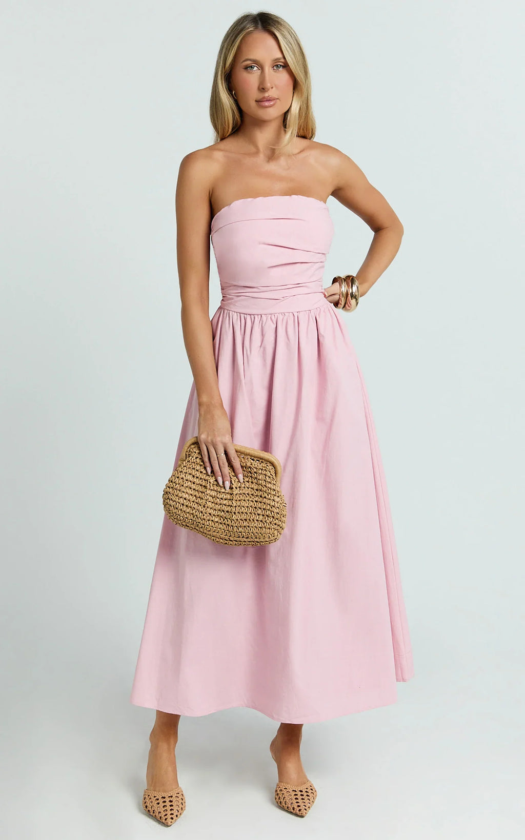 Polly Midi Dress - Strapless Ruched Dress in Pink