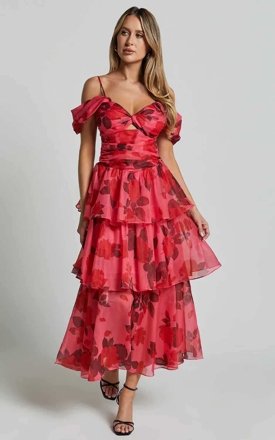 Xena Midi Dress - Off The Shoulder Cut Out Front Layered Dress in Pink Print