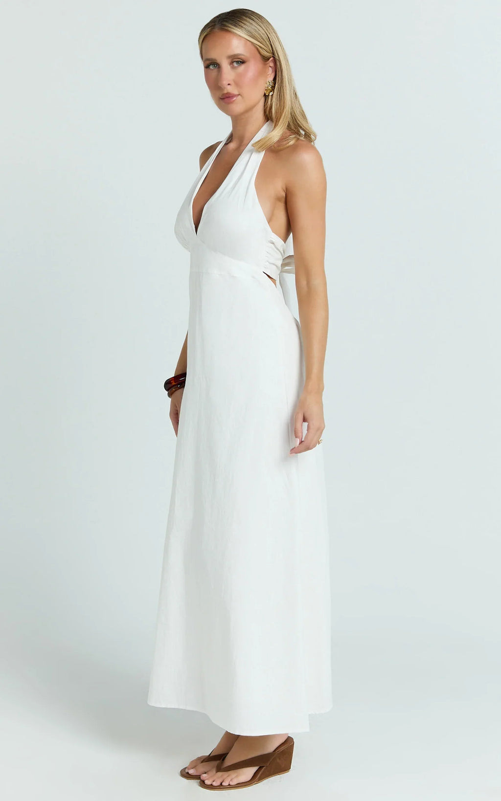 Connor Midi Dress - Halter Neck Tie Back Dress in White