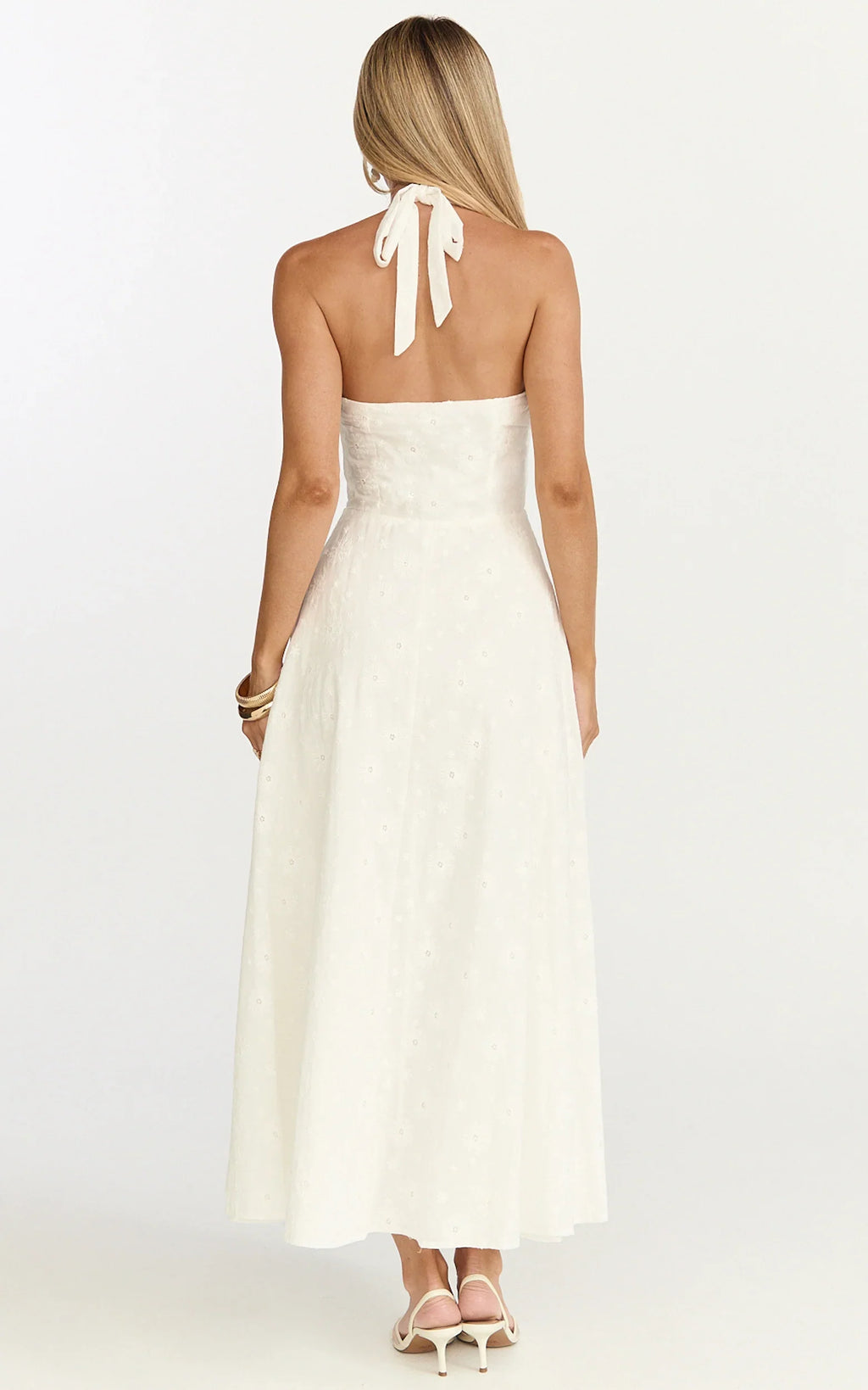 Lyra Midi Dress - Broderie Ruched Bust Halter Neck Dress in White