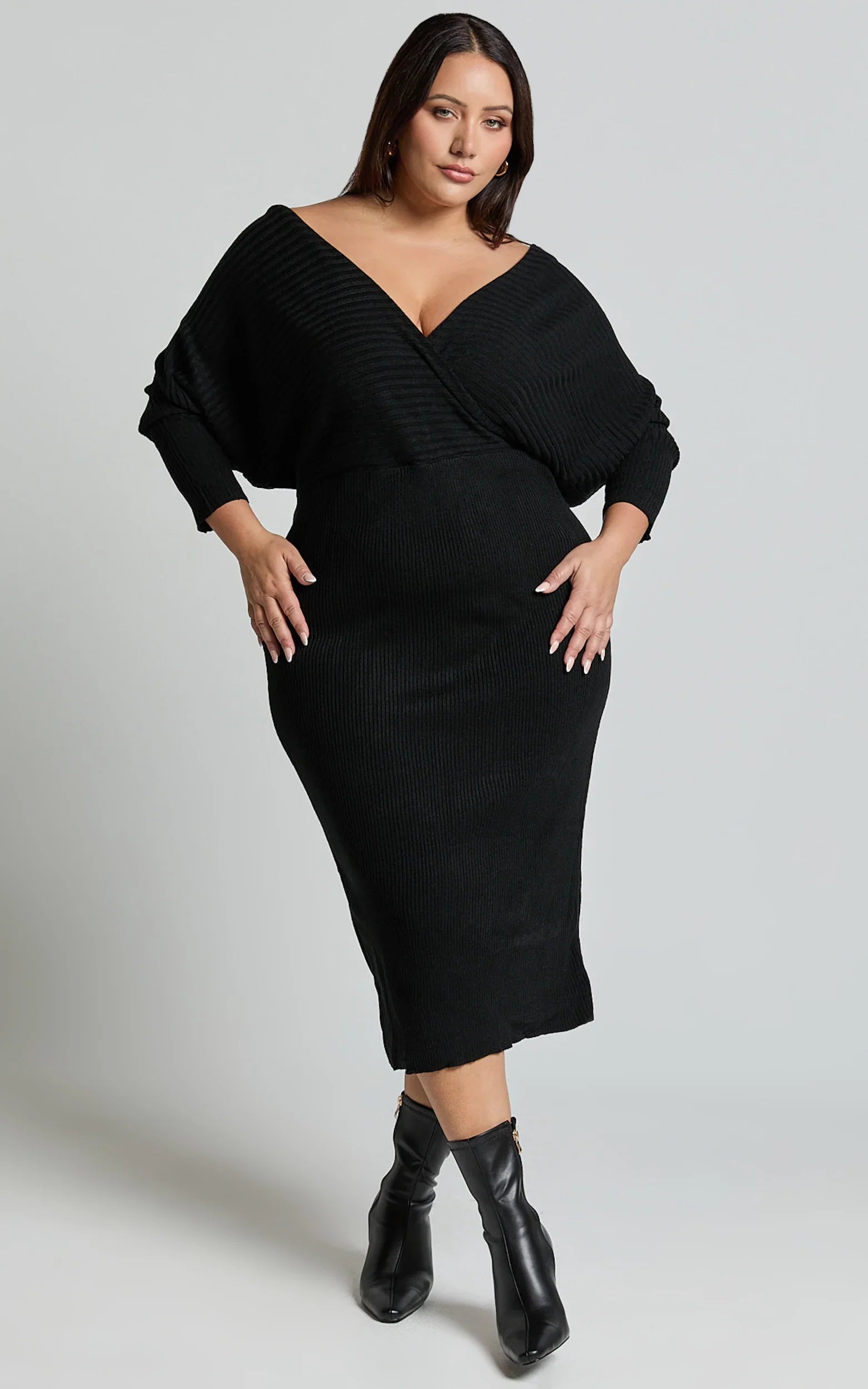 Sheika Midi Dress - Long Sleeve Off Shoulder Knit Dress in Black
