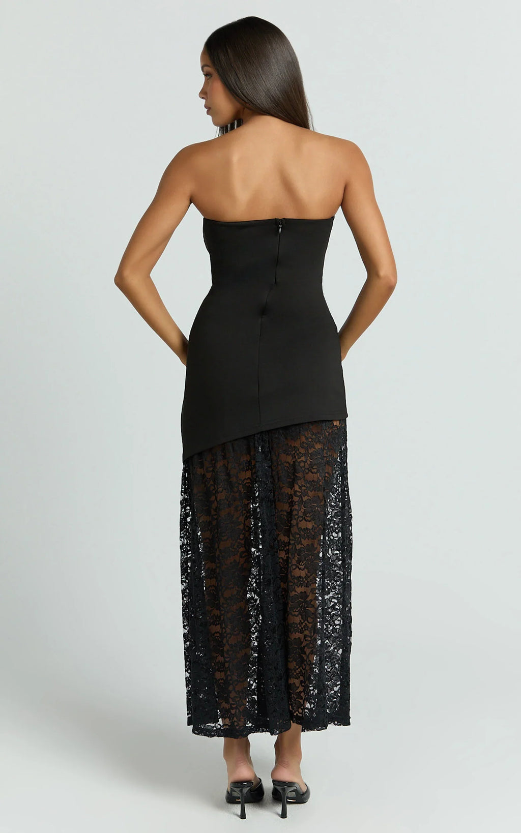 Mila Midi Dress - Strapless Dropped Waist Dress in Black