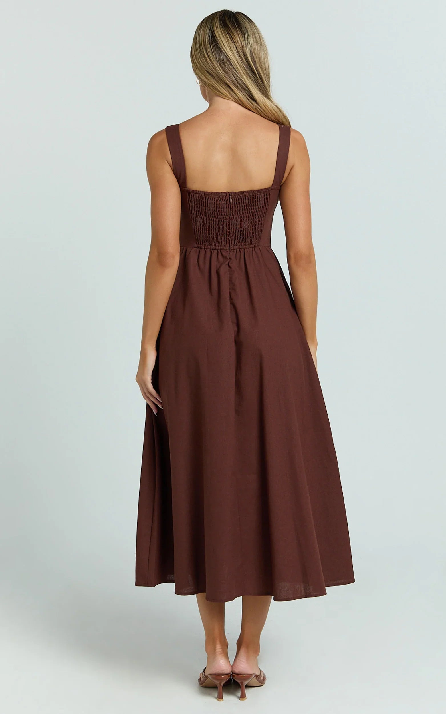 Khari Midi Dress - Linen Look Square A Line Dress in Chocolate