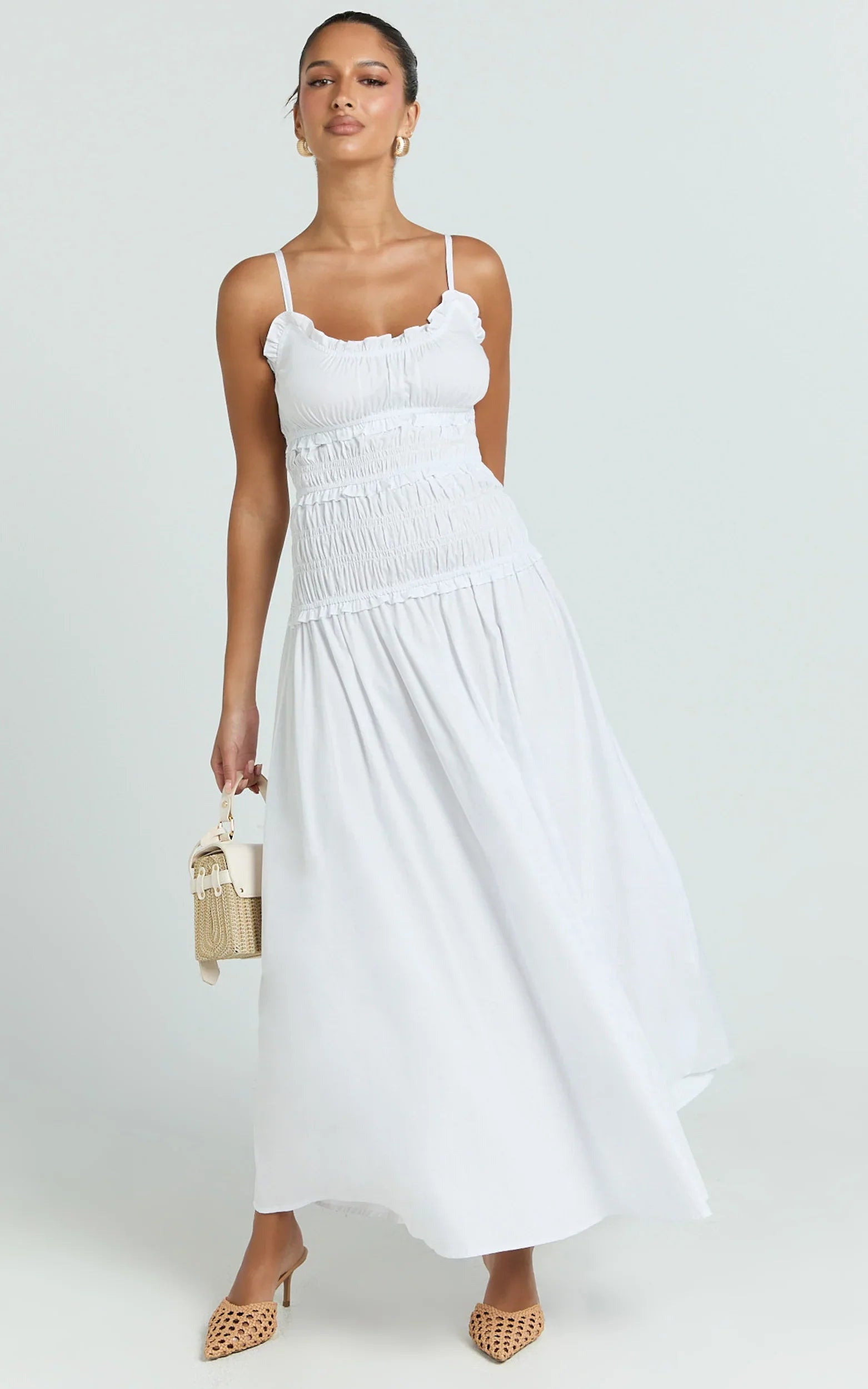 Cami Midi Dress - Rushed Bodice Dress in White