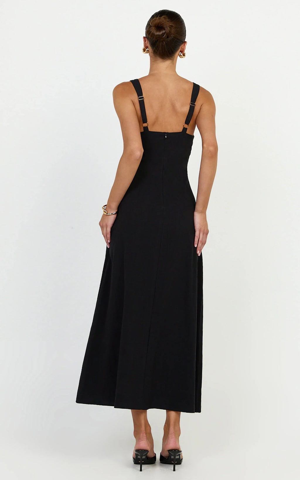Silvena Midi Dress - Plunge Neckline Tie Front A Line Dress in Black