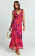 Alessa Midi Dress - V Neck Frill Detail Empire Waist Back Cut Out Dress in Adeana Print