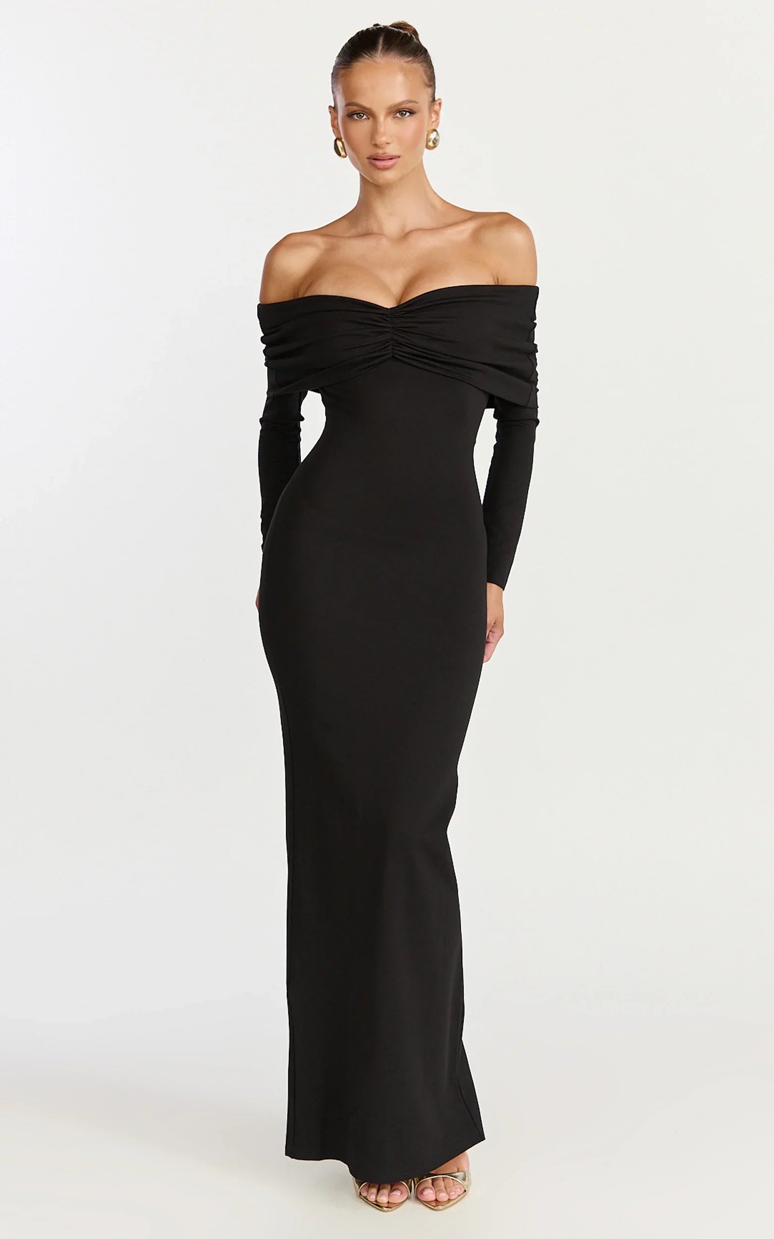 Rani Maxi Dress - Off Shoulder Long Sleeve Bodycon Dress in Black
