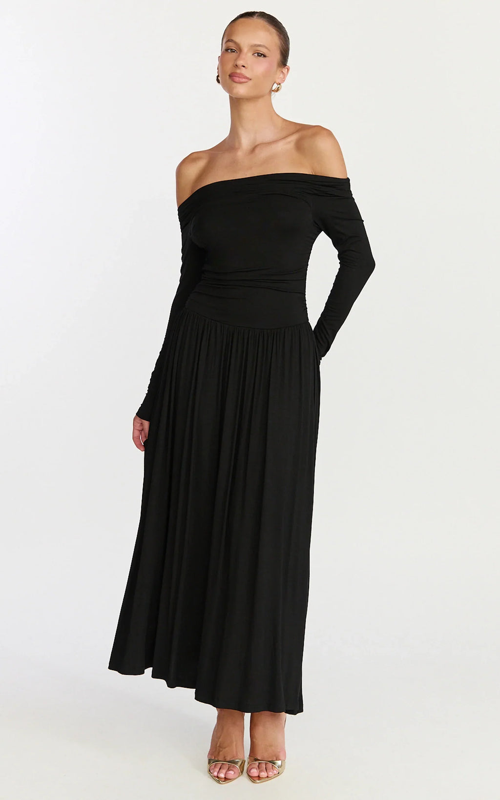 Antonia Midi Dress - Off The Shoulder Long Sleeve Dress in Black