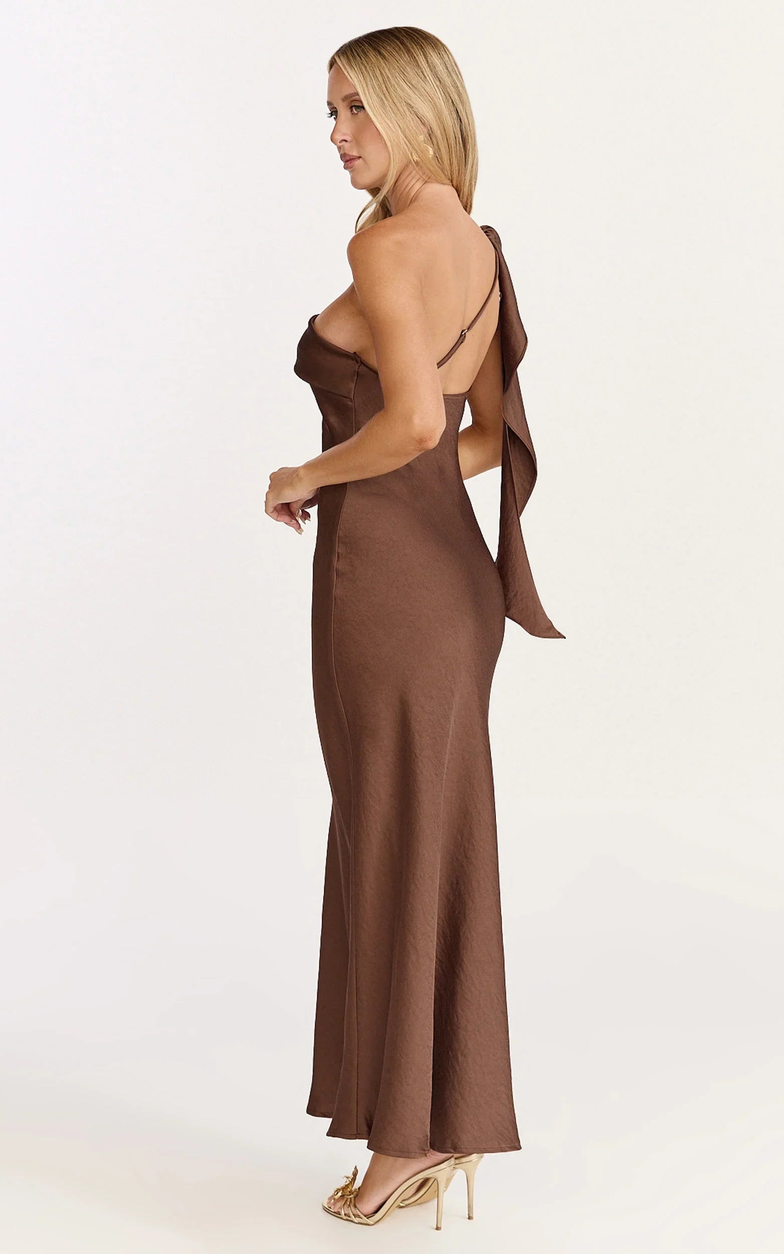 Calix Midi Dress - One Shoulder Slip Dress in Chocolate
