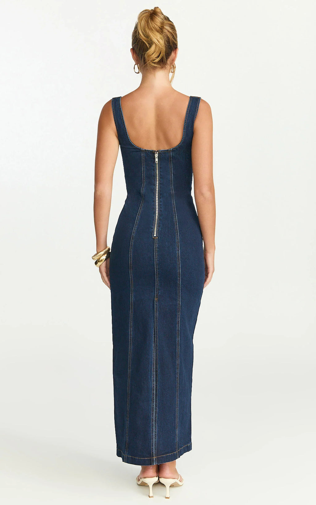 Kristie Maxi Dress - Wide Neck Corset Detail Denim Dress in Dark Blue