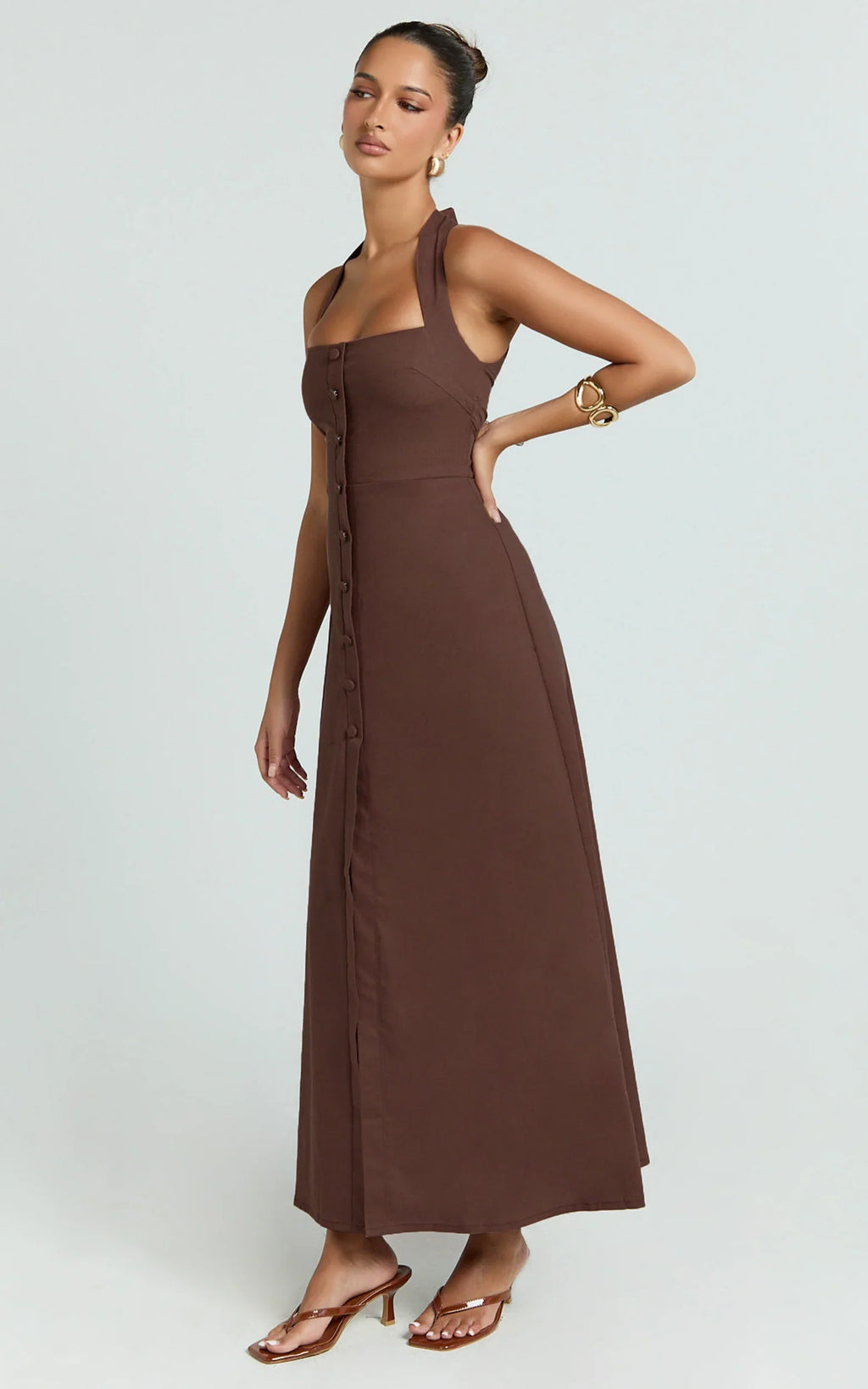 Marla Midi Dress - Square Neck Button Front Shift Dress in Chocolate