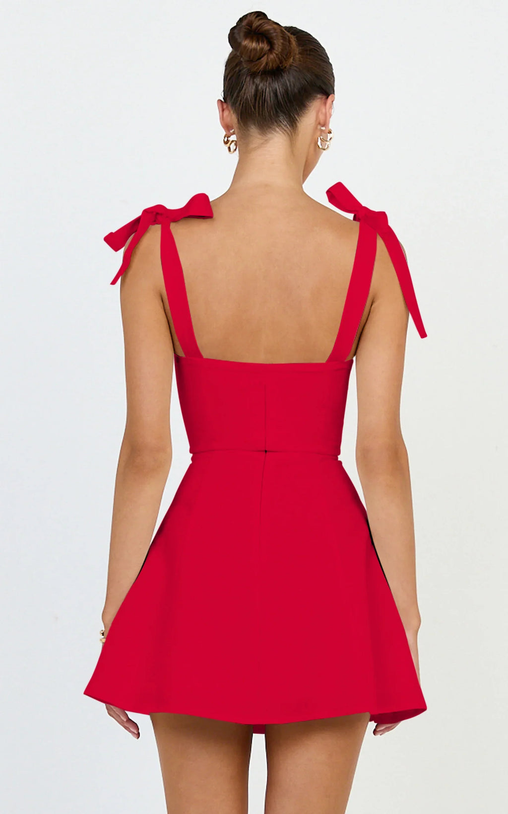 Inez Mini Dress - Gathered Bust A Line Shoulder Tie Dress in Red