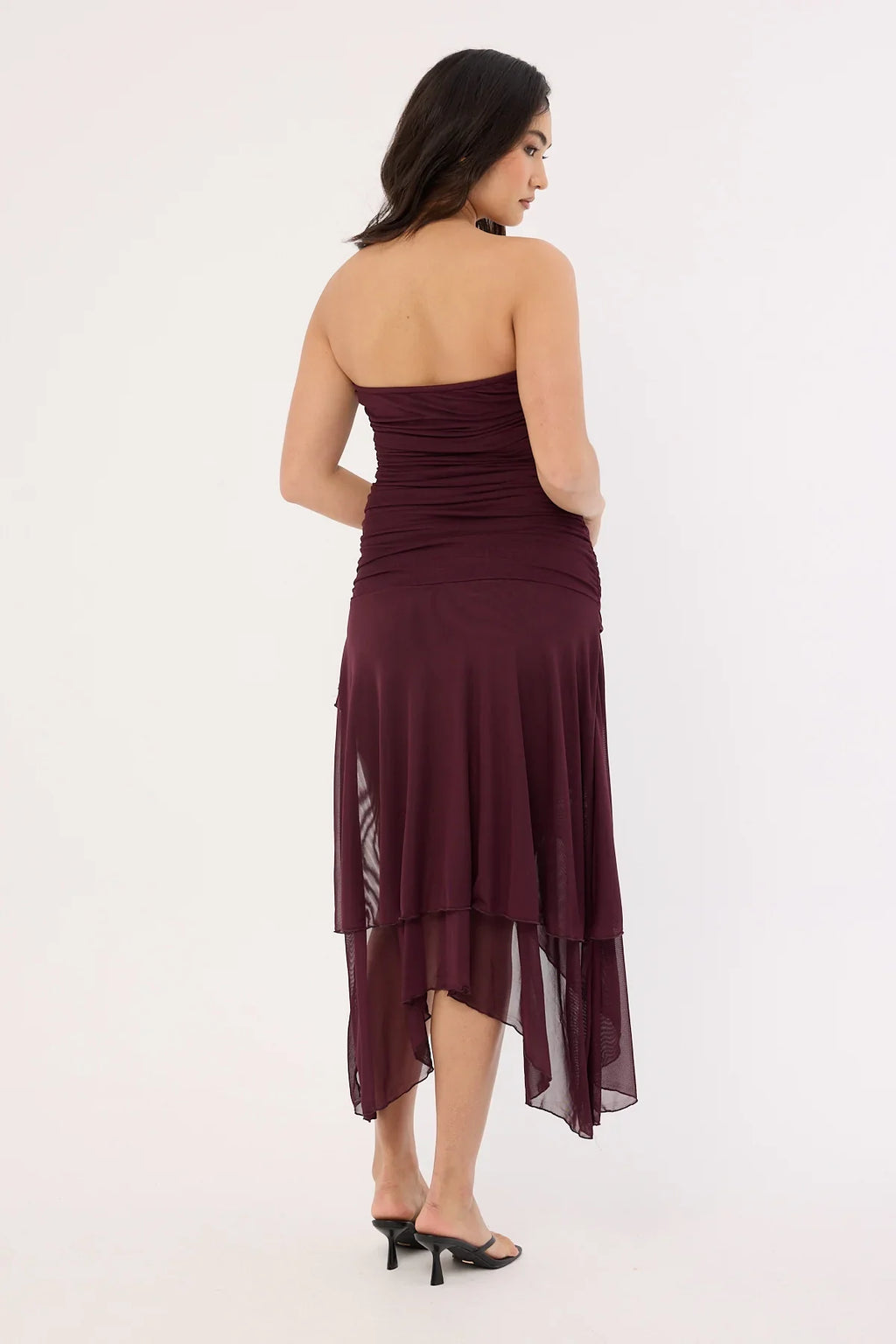 Luck & Trouble Malia Strapless Asymmetrical Midi Dress Plum