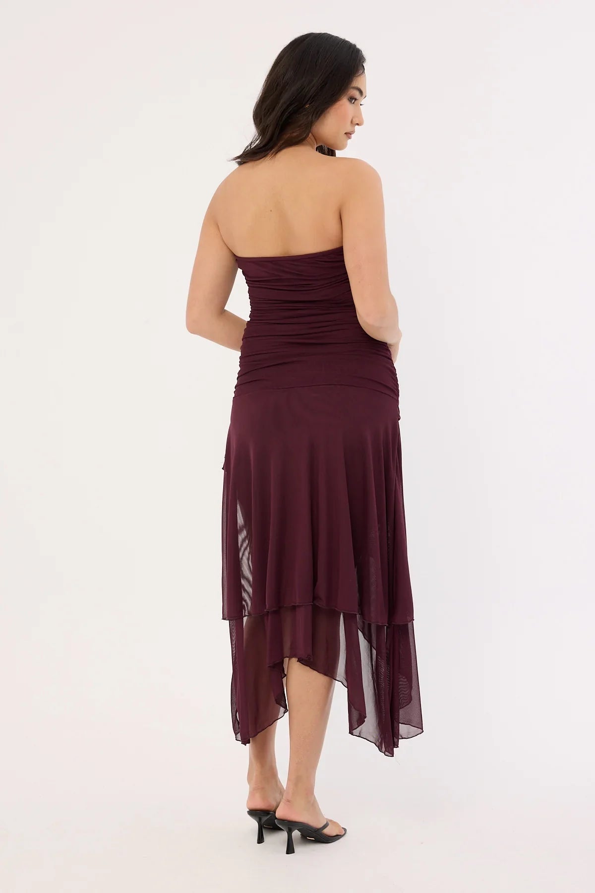 Luck & Trouble Malia Strapless Asymmetrical Midi Dress Plum
