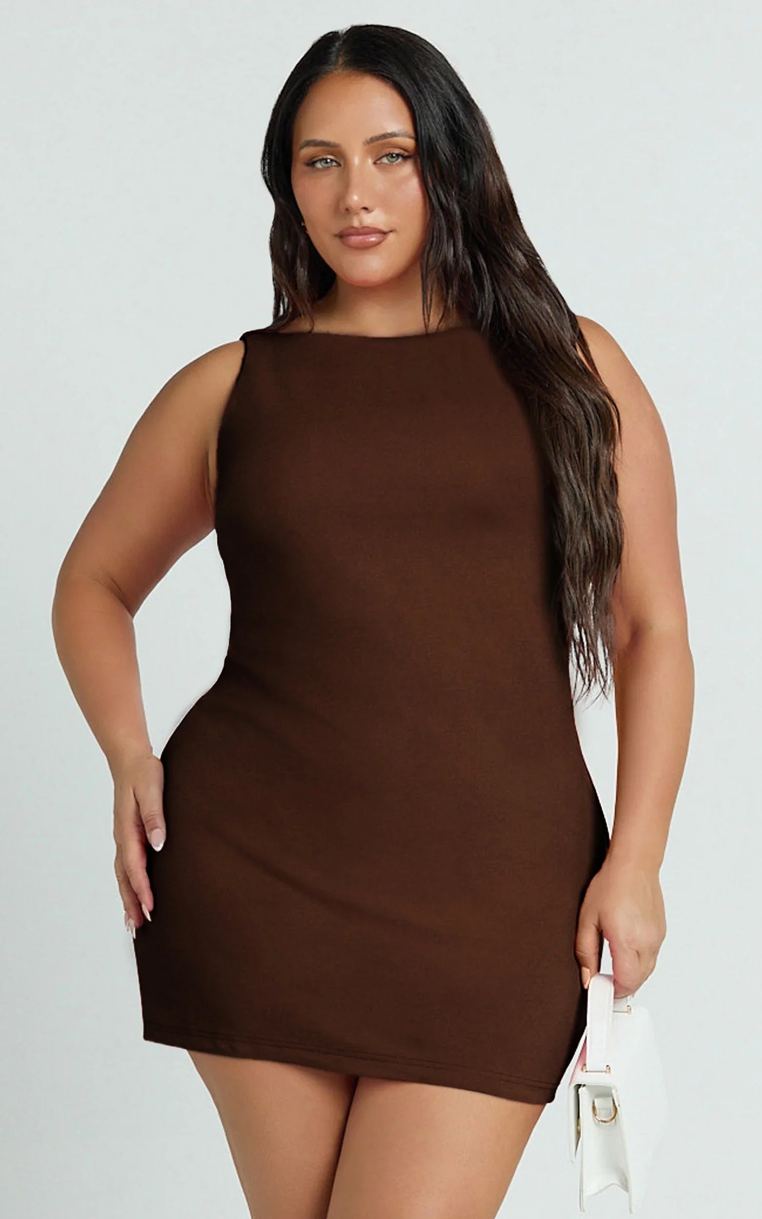 Bindi Boat Neck Bodycon Mini Dress in Chocolate