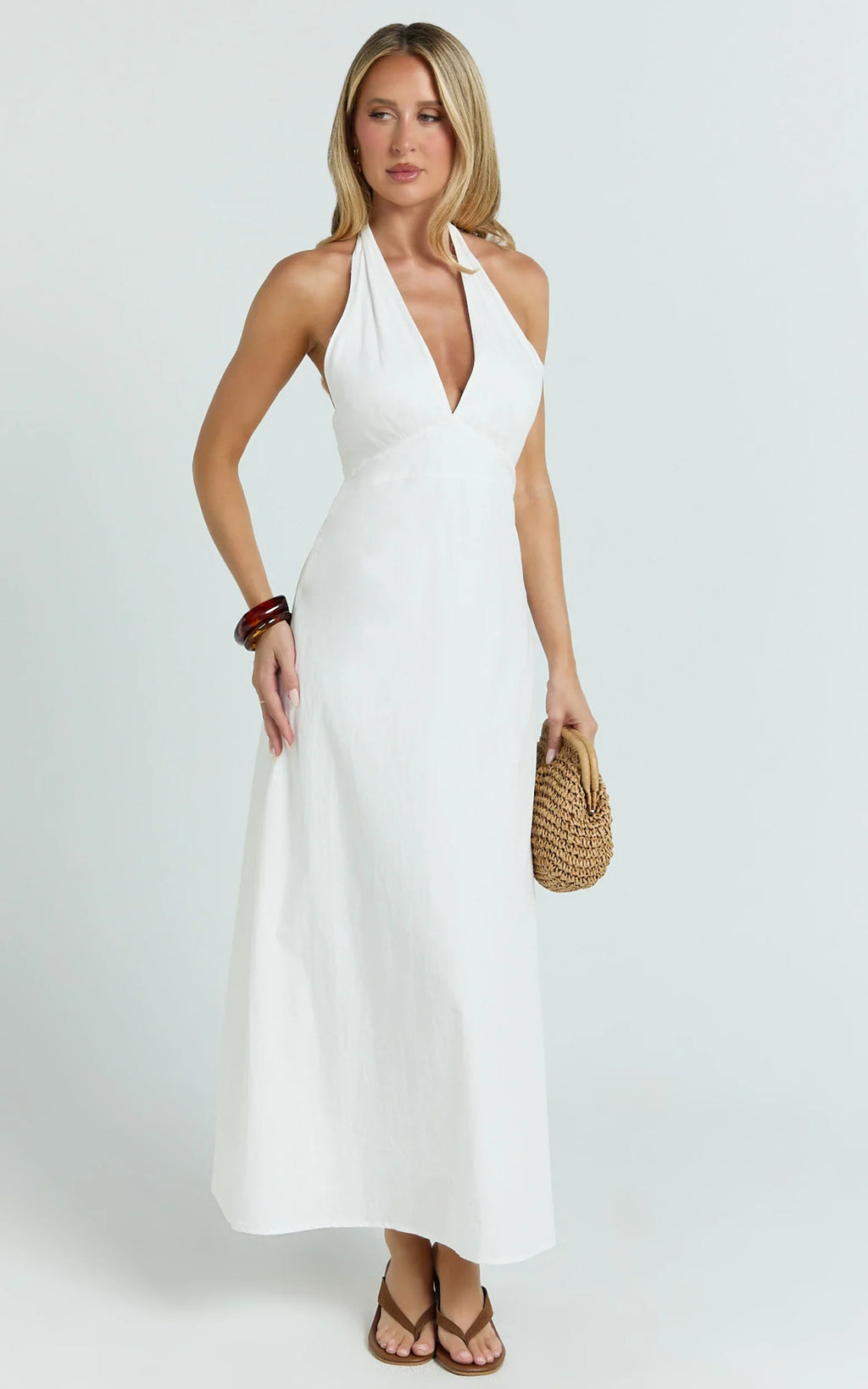 Connor Midi Dress - Halter Neck Tie Back Dress in White