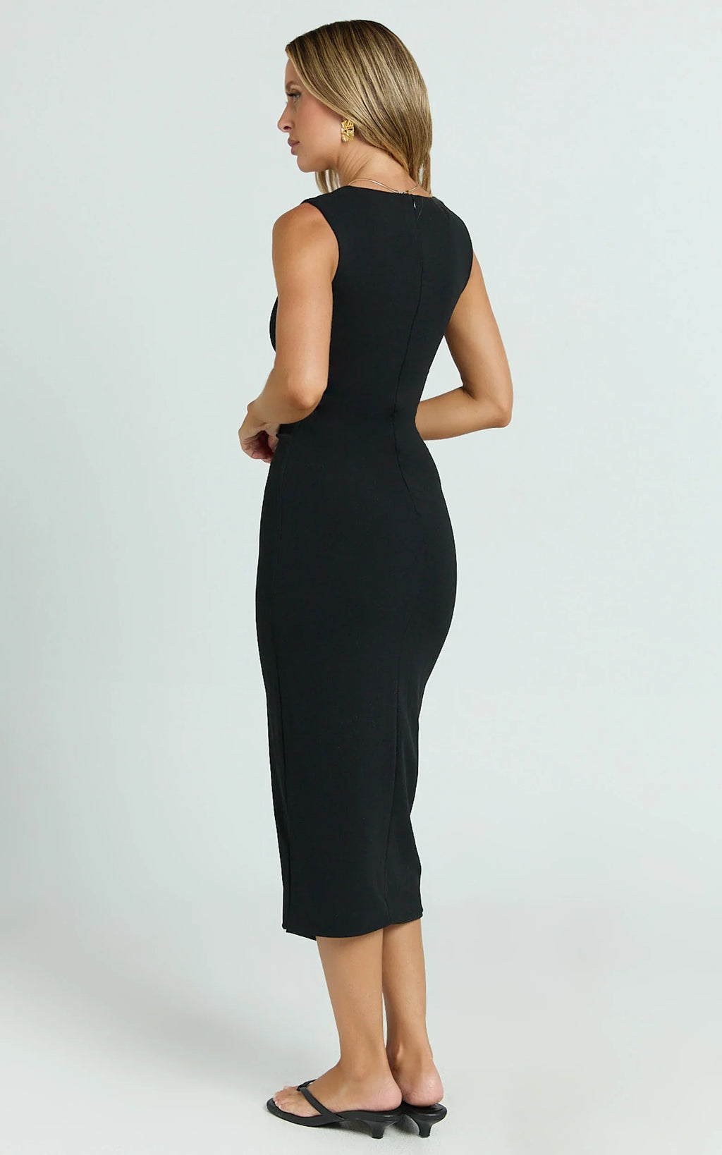 Stella Midi Dress - Square Neck Cap Sleeve Fitted Dress in Black