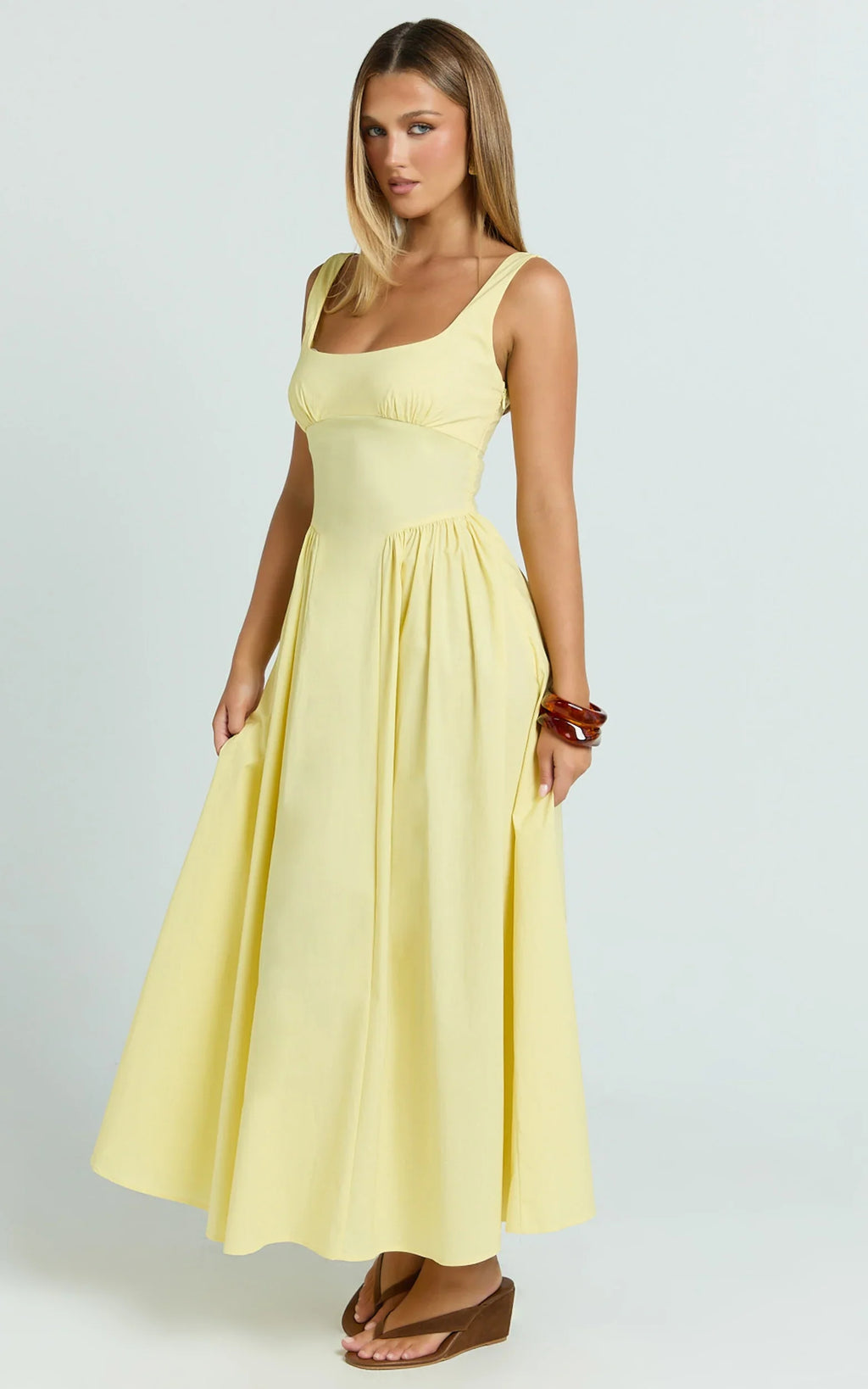 Donatella Midi Dress - Ruched Bust Fit And Flare Dress in Lemon