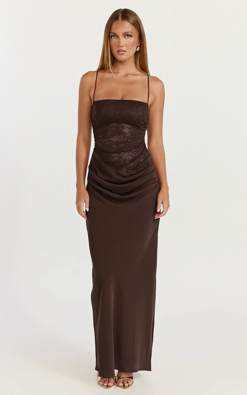 Rania Maxi Dress - Contrast Lace Bodice Bias Cowl Drop Waist Dress in Chocolate