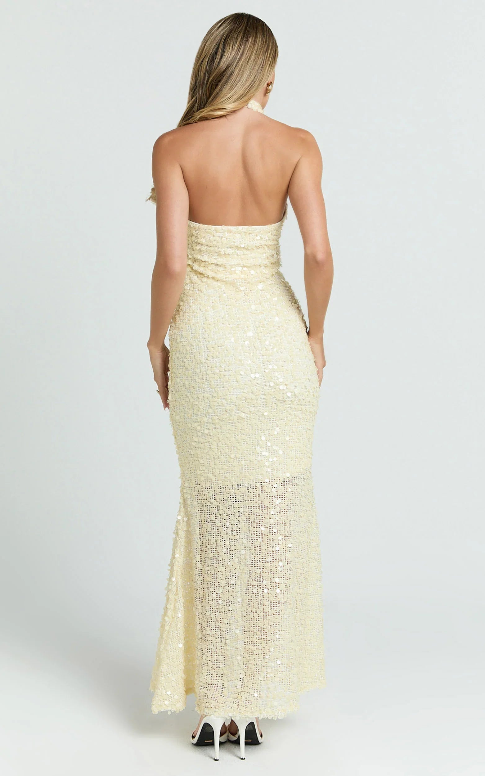 Celeste Midi Dress - Sequin Halter Low Back Dress in Lemon
