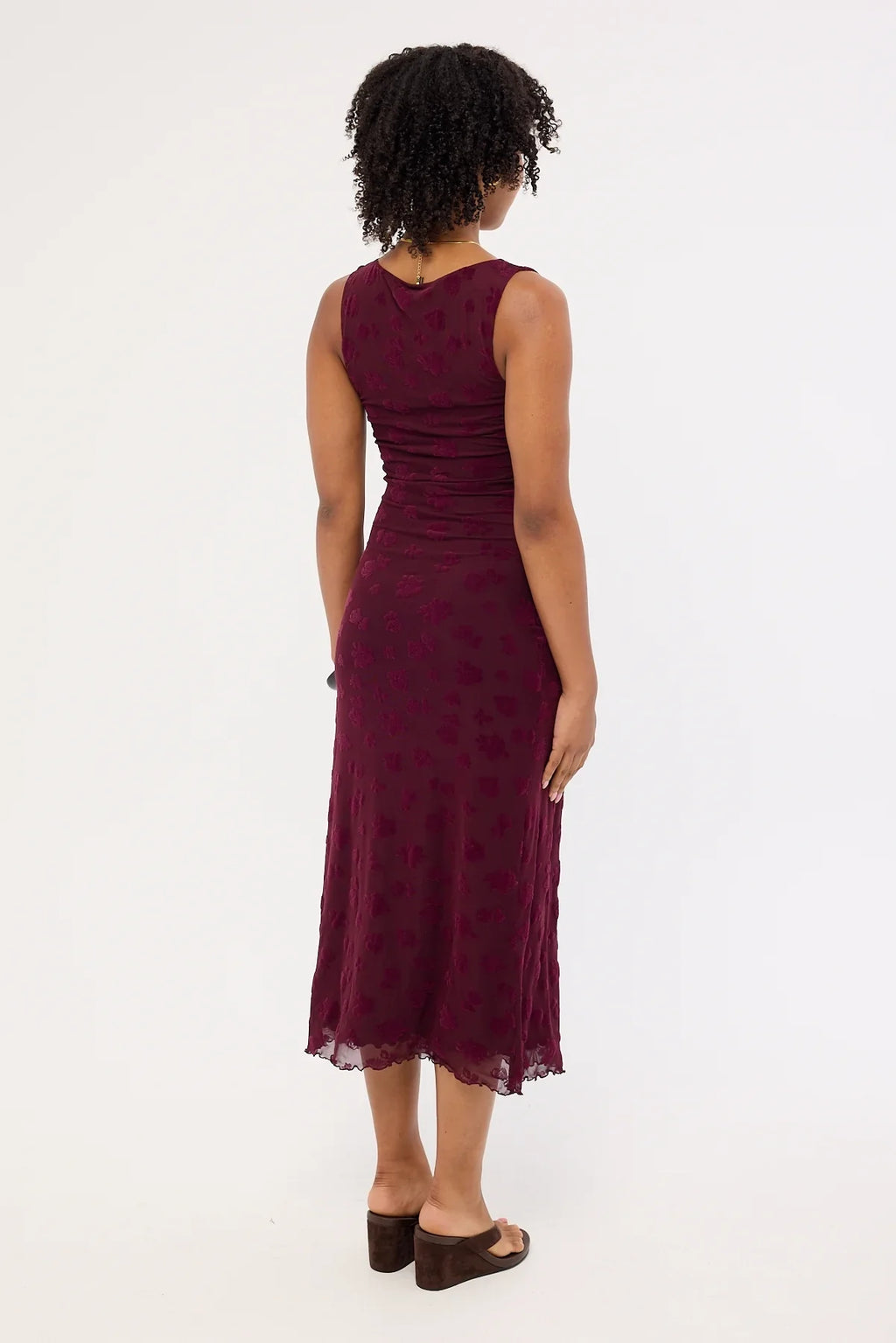 Luck & Trouble Gia Flocked Midi Dress Dark Burgundy