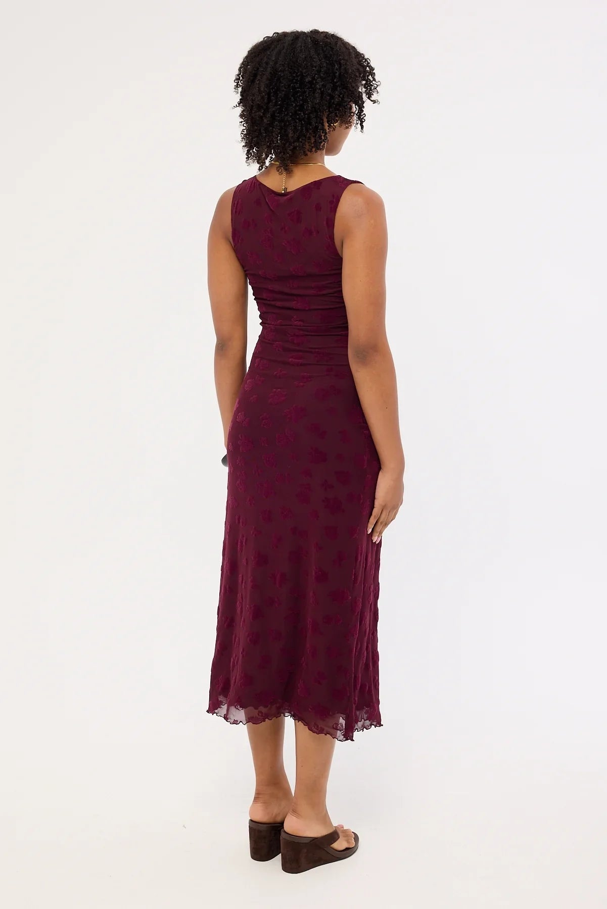 Luck & Trouble Gia Flocked Midi Dress Dark Burgundy